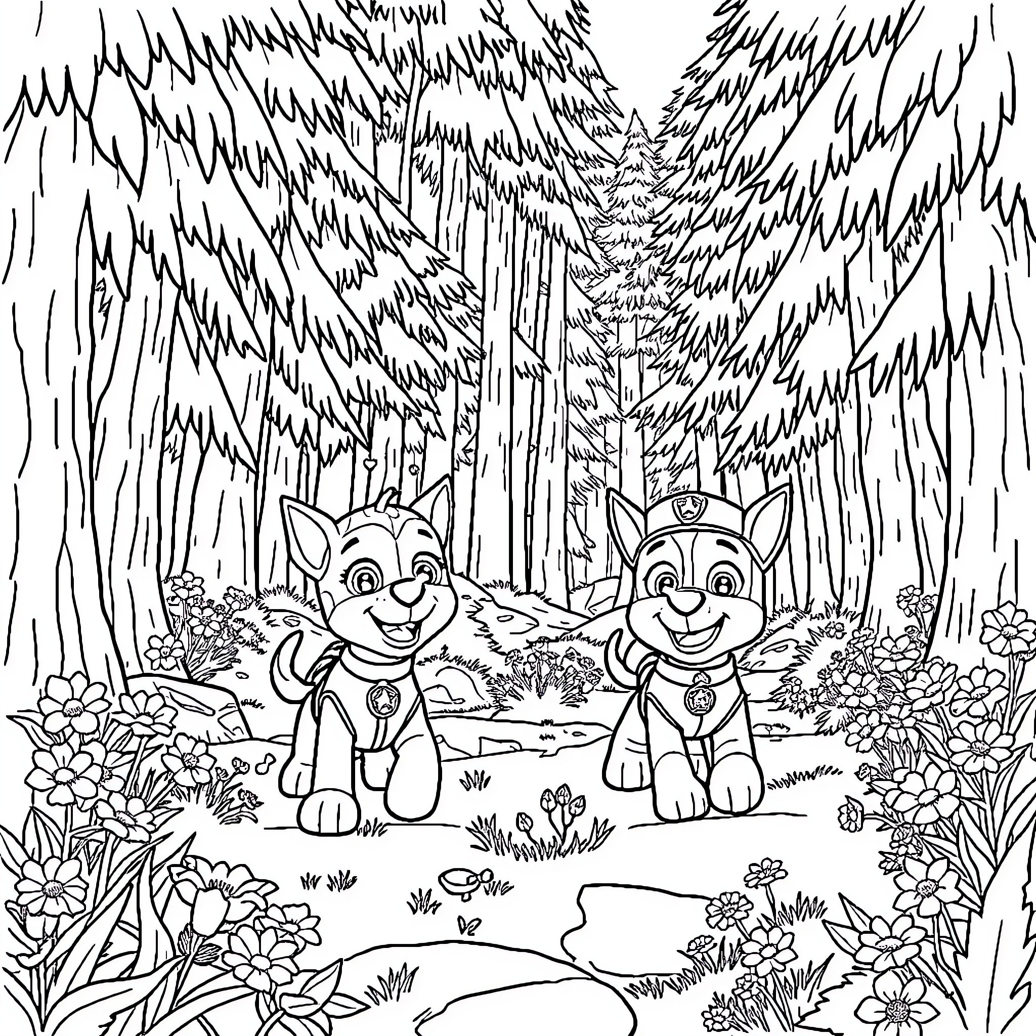 Paw Patrol characters exploring the forest Coloring Page (free black-and-white line drawing printable PDF for all, from beginners to advanced learners, including children, teens, adults, and seniors)
