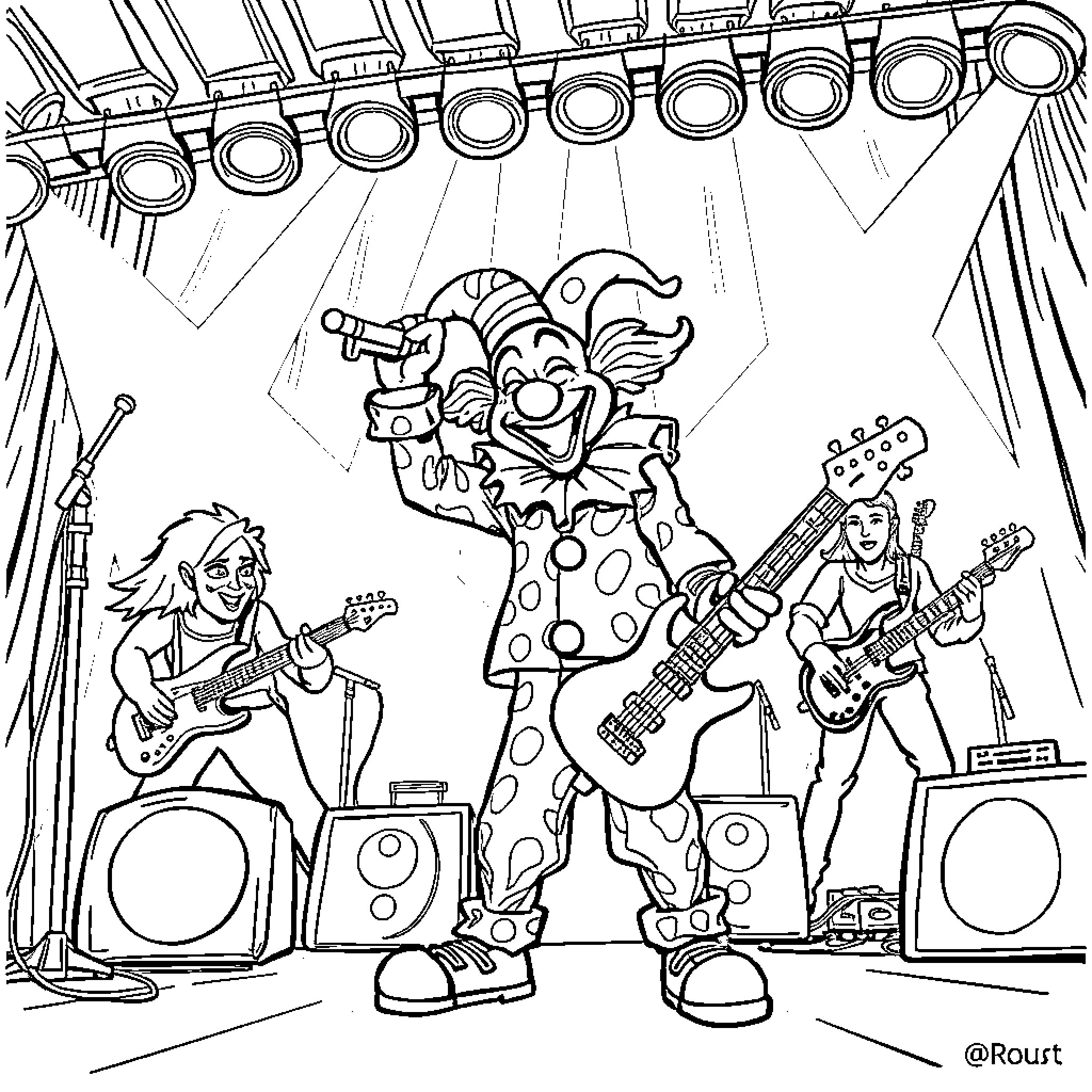 Clown performers rocking out on stage Coloring Page (free black-and-white line drawing printable PDF for all, from beginners to advanced learners, including children, teens, adults, and seniors)