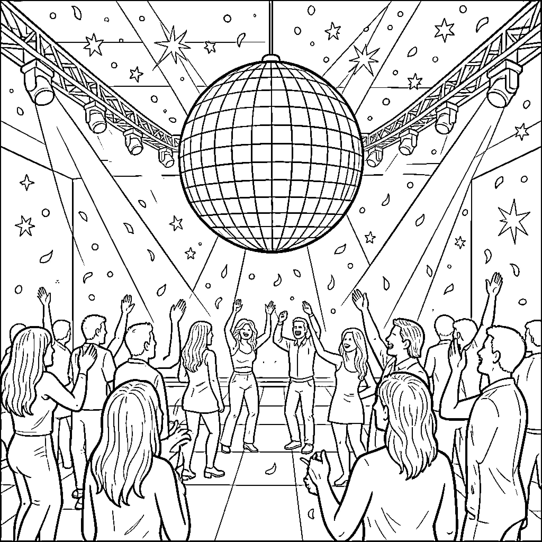 Disco Ball Celebration with Lively Crowd Coloring Page (free black-and-white line drawing printable PDF for all, from beginners to advanced learners, including children, teens, adults, and seniors)