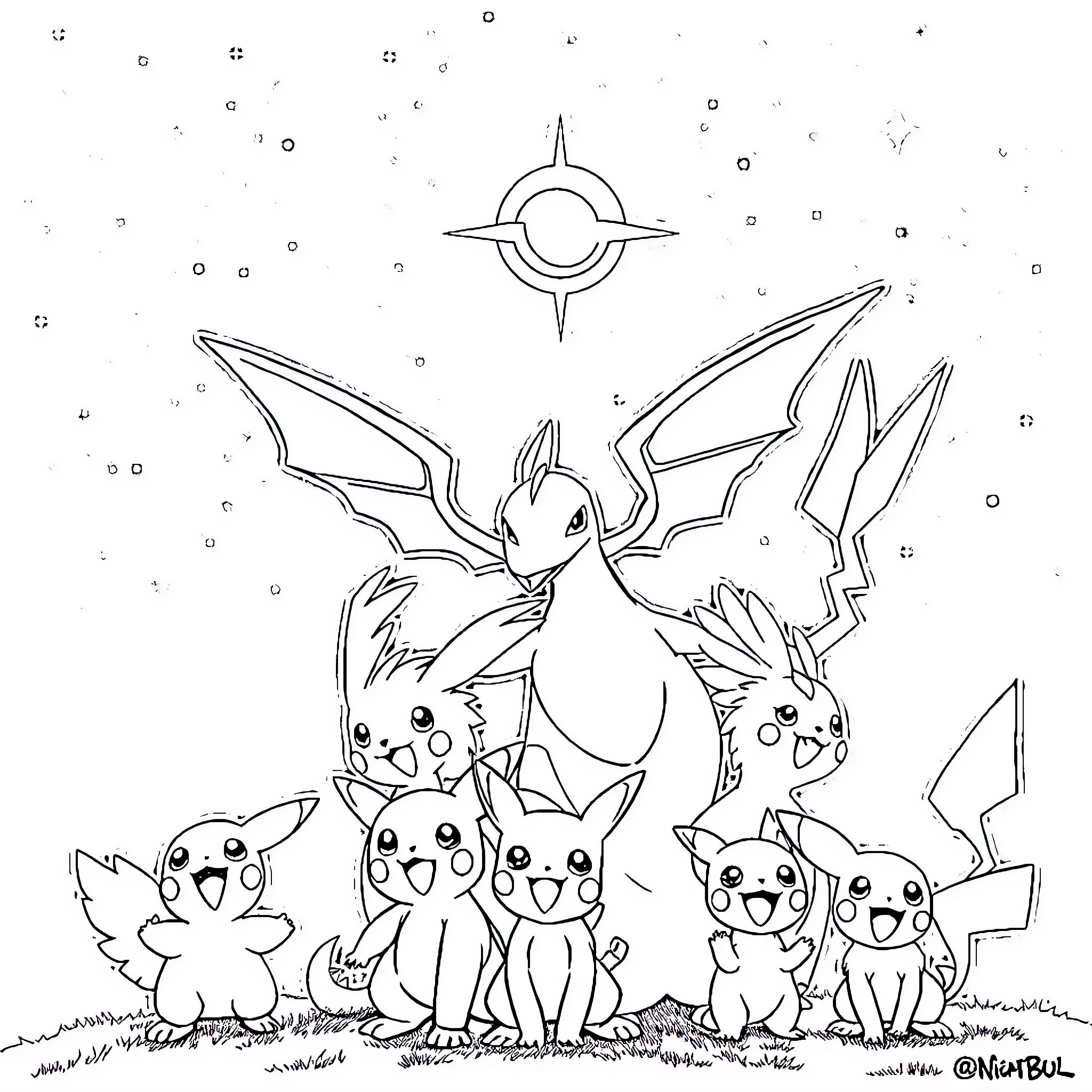 Legendary Pokemon gathered under a starry sky Coloring Page (free black-and-white line drawing printable PDF for all, from beginners to advanced learners, including children, teens, adults, and seniors)