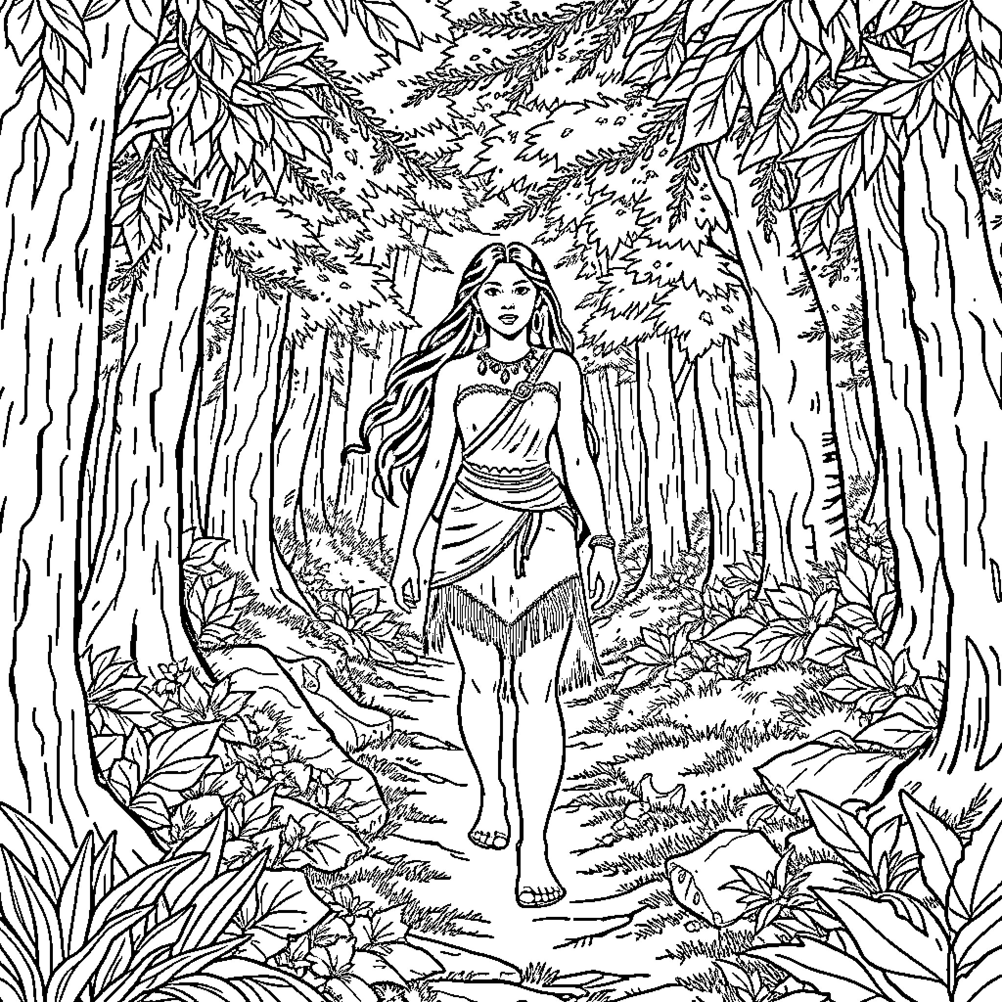 Pocahontas exploring the enchanting forest Coloring Page (free black-and-white line drawing printable PDF for all, from beginners to advanced learners, including children, teens, adults, and seniors)