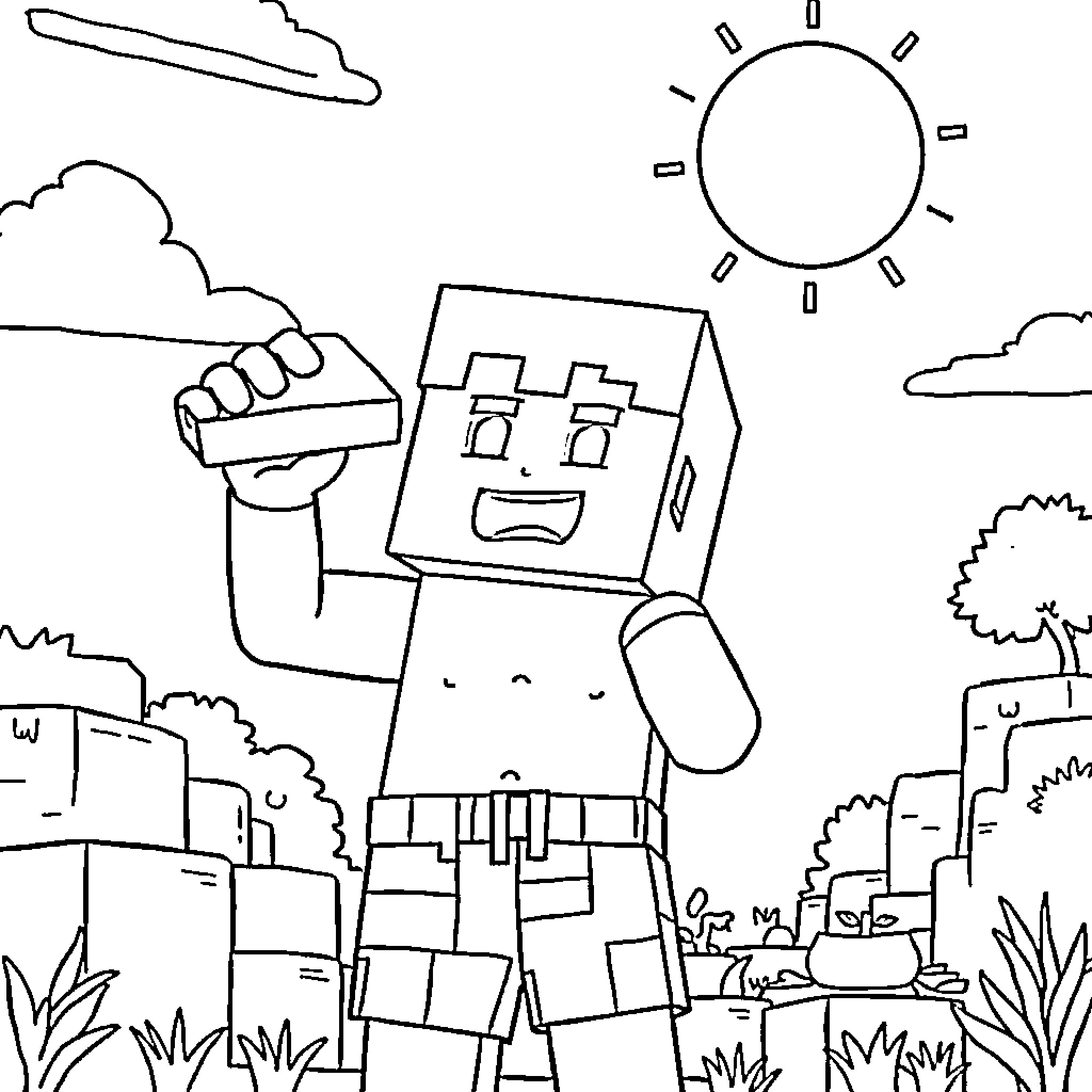 Steve explores the blocky world under the sun Coloring Page (free black-and-white line drawing printable PDF for all, from beginners to advanced learners, including children, teens, adults, and seniors)