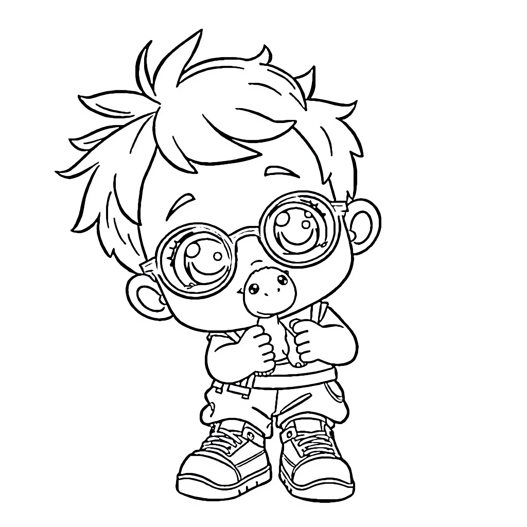 Toddler with big glasses and stuffed animal Coloring Page (free black-and-white line drawing printable PDF for all, from beginners to advanced learners, including children, teens, adults, and seniors)