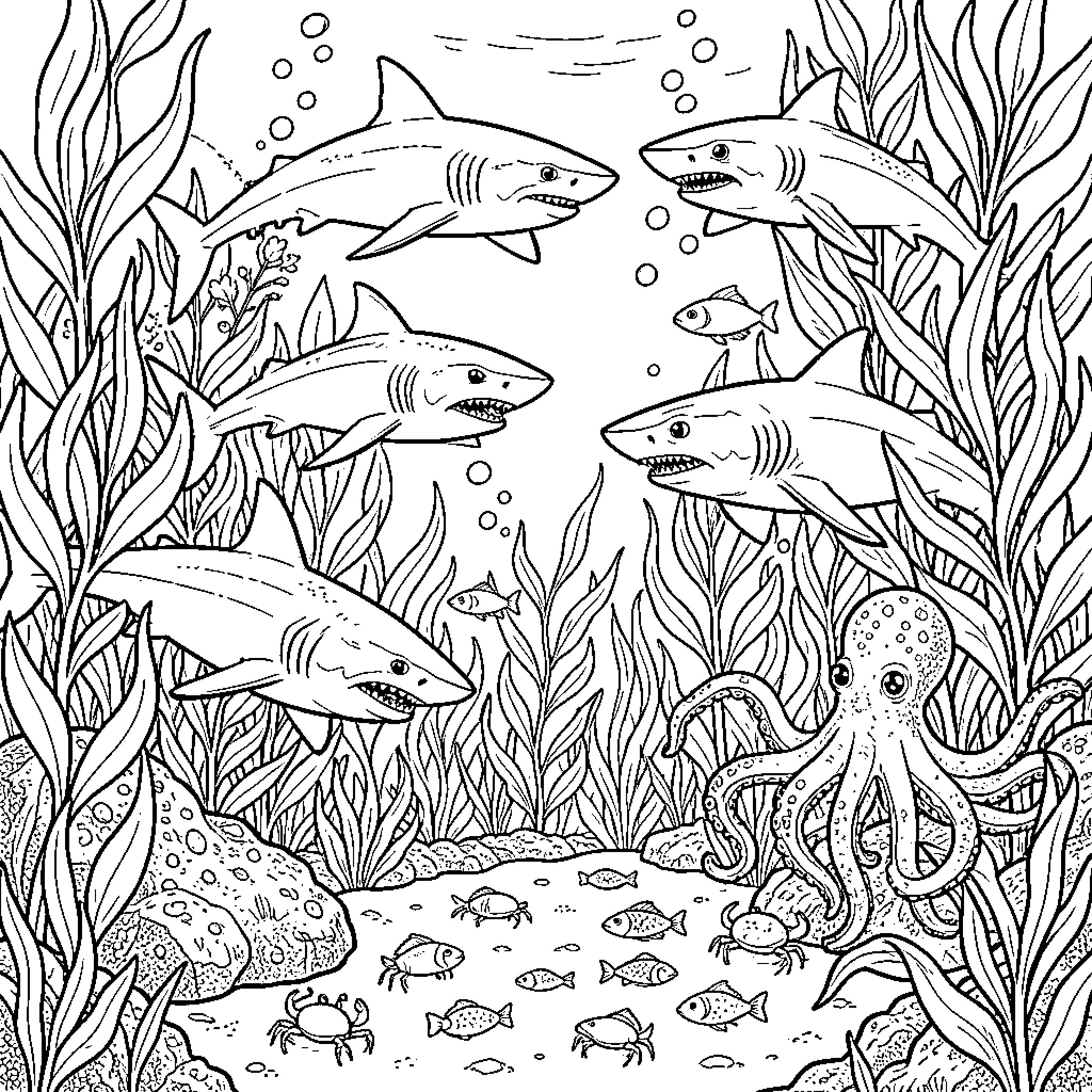 Kelp forest filled with sharks and an octopus Coloring Page (free black-and-white line drawing printable PDF for all, from beginners to advanced learners, including children, teens, adults, and seniors)