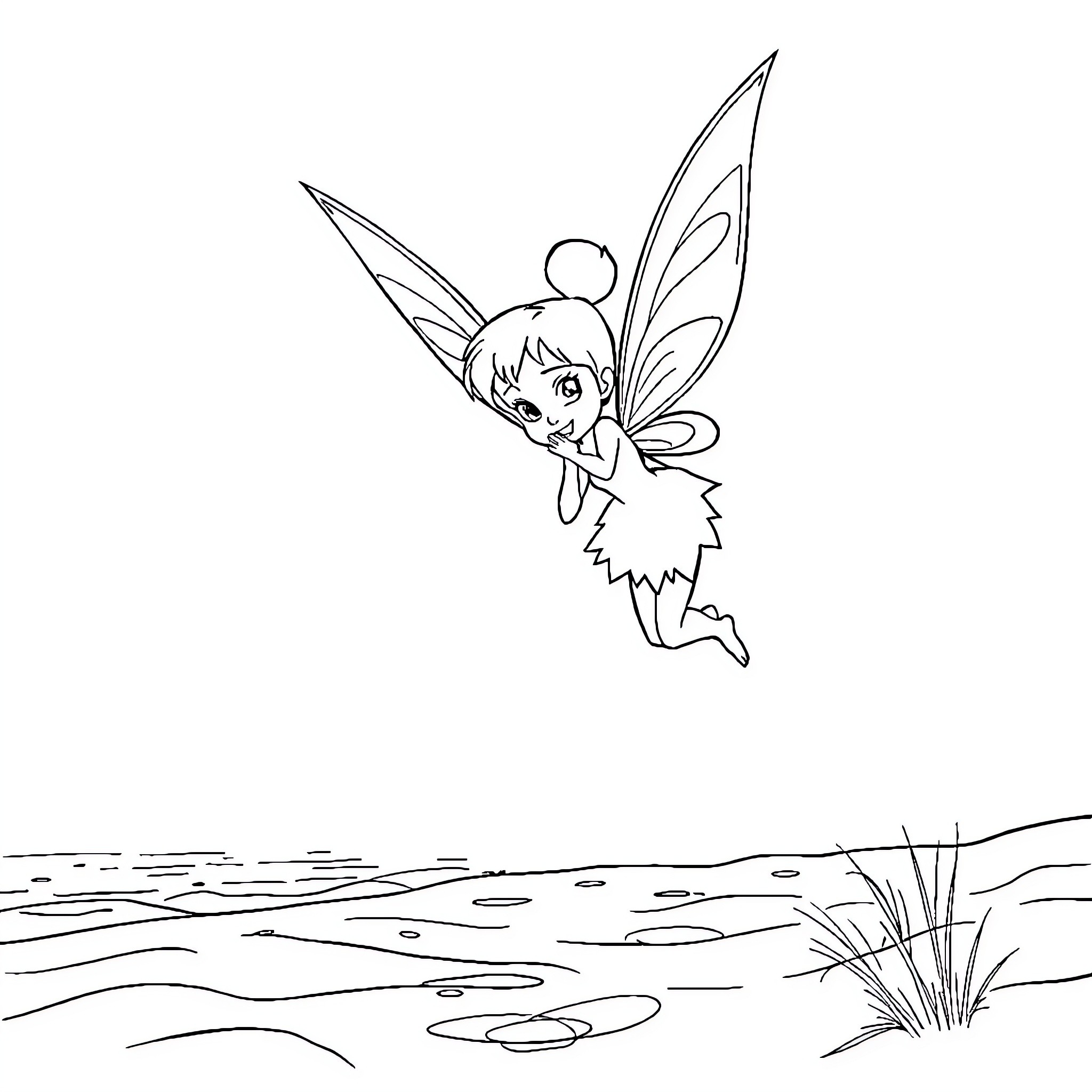 Tinkerbell flying playfully over a pond Coloring Page (free black-and-white line drawing printable PDF for all, from beginners to advanced learners, including children, teens, adults, and seniors)