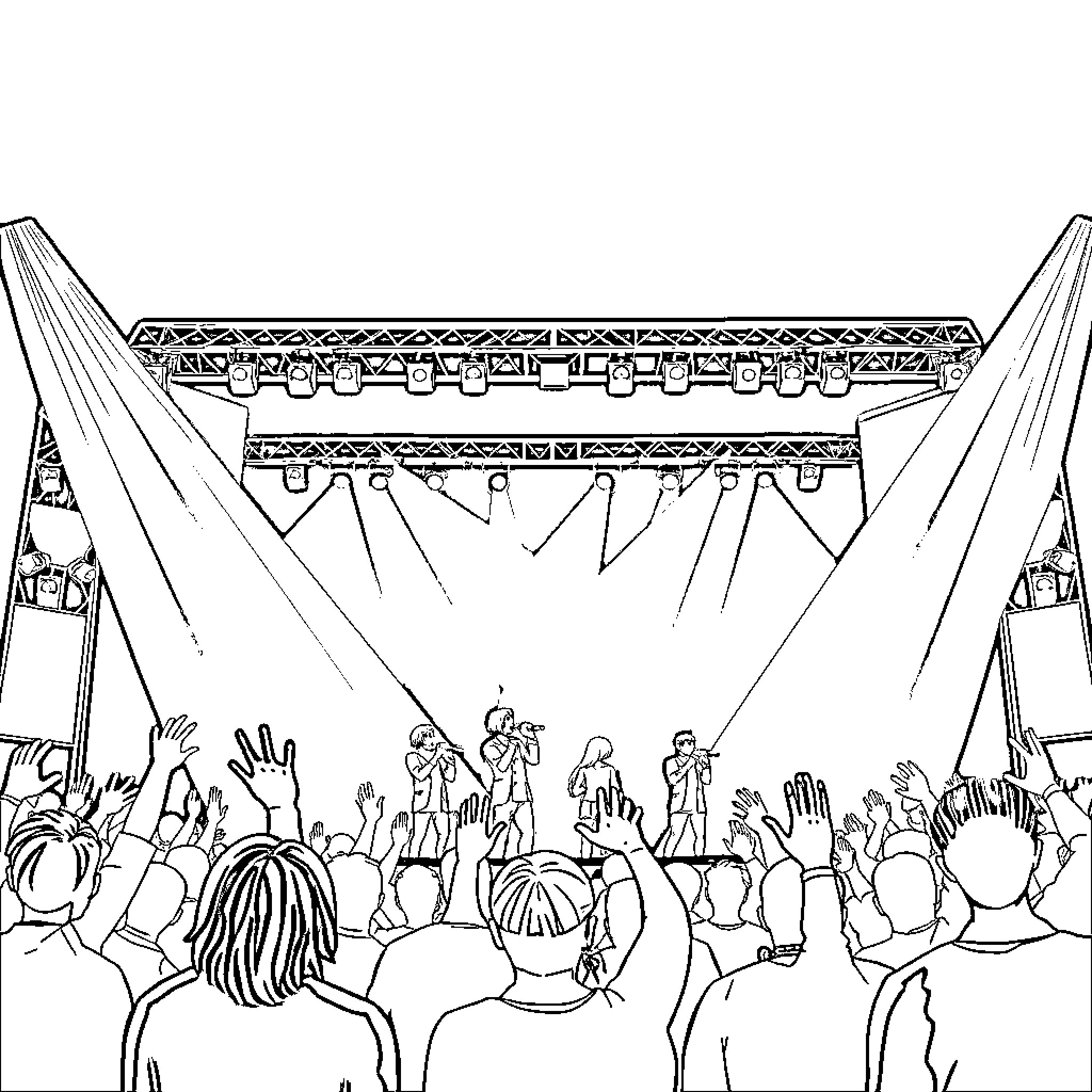 BTS performing on stage before a cheering crowd Coloring Page (free black-and-white line drawing printable PDF for all, from beginners to advanced learners, including children, teens, adults, and seniors)