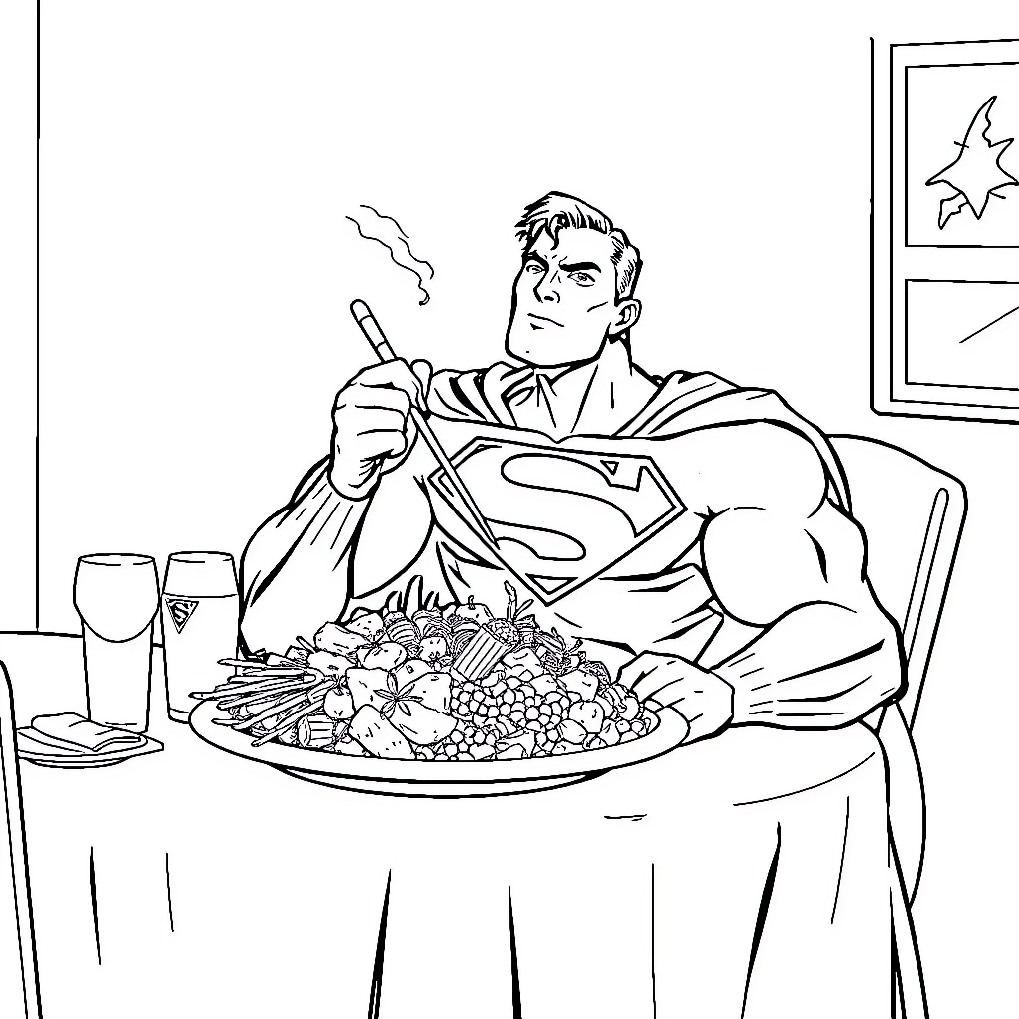 Superman Enjoying a Hearty Meal Coloring Page (free black-and-white line drawing printable PDF for all, from beginners to advanced learners, including children, teens, adults, and seniors)