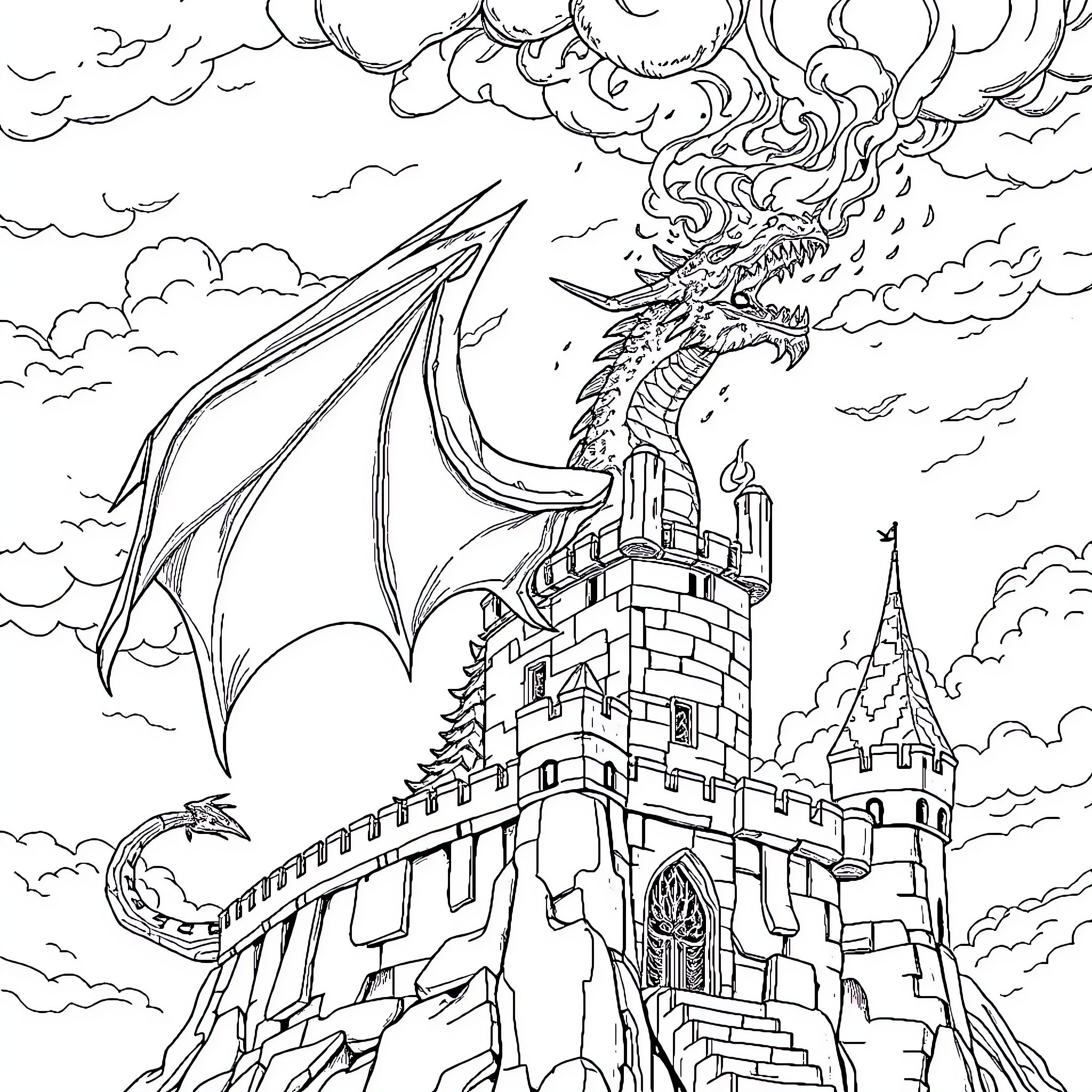 Dragon guarding an enchanted castle on a cliff Coloring Page (free black-and-white line drawing printable PDF for all, from beginners to advanced learners, including children, teens, adults, and seniors)