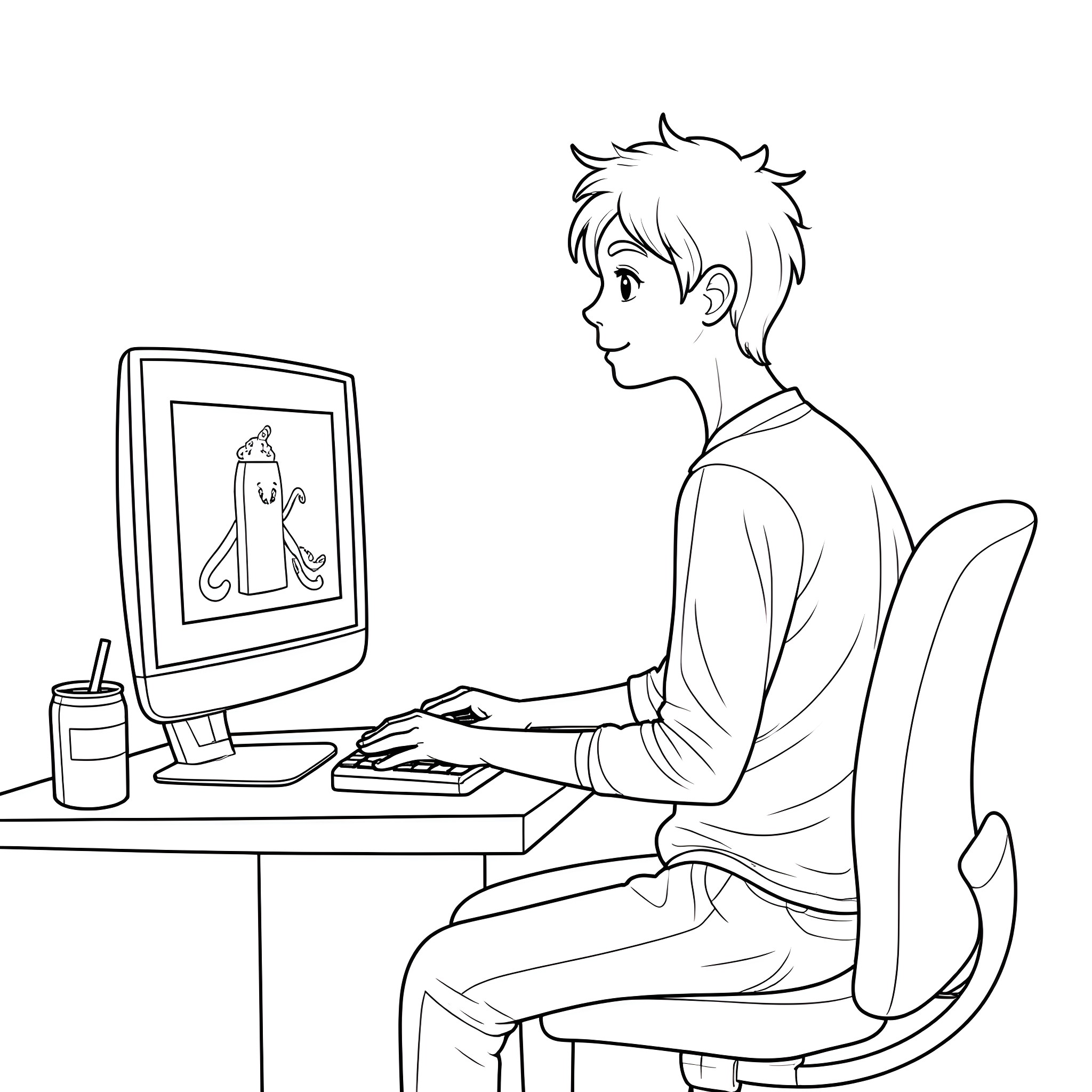 Julian working diligently on computer Coloring Page (free black-and-white line drawing printable PDF for all, from beginners to advanced learners, including children, teens, adults, and seniors)