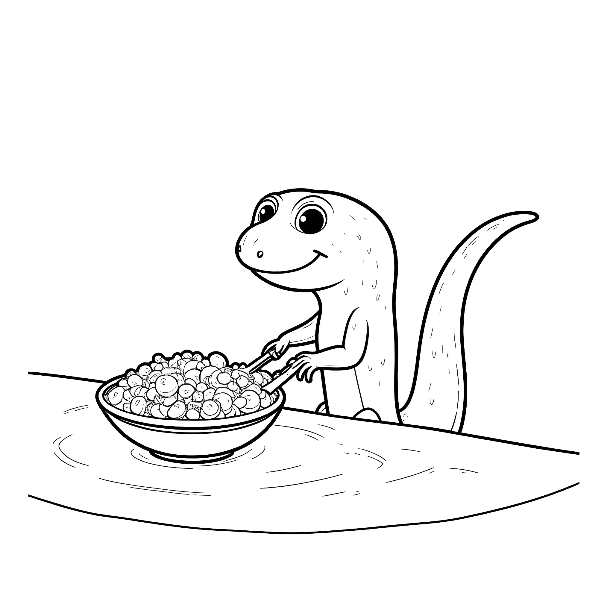 Salamander enjoying a bowl of pebbles Coloring Page (free black-and-white line drawing printable PDF for all, from beginners to advanced learners, including children, teens, adults, and seniors)