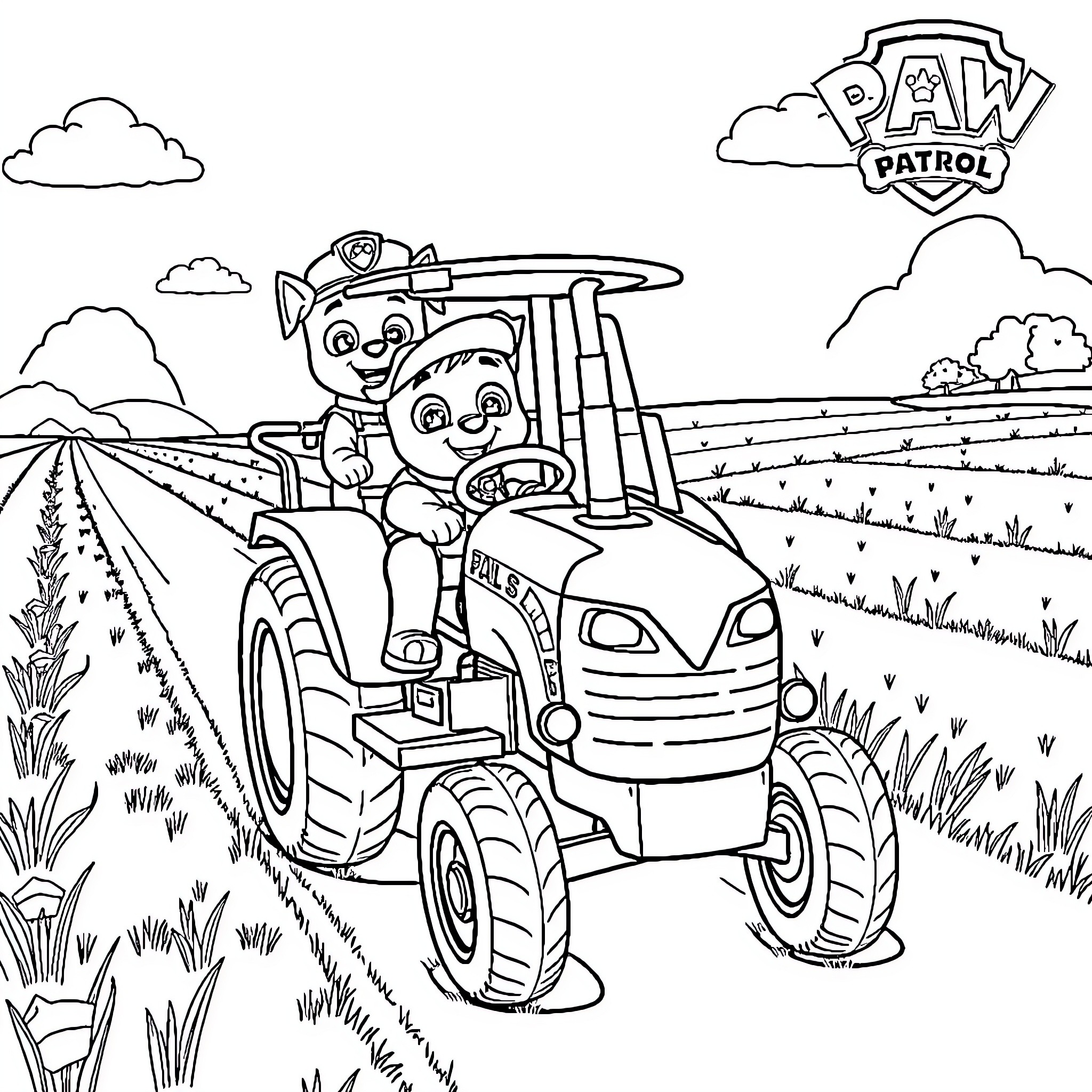 Tractor patrol pups on the farm Coloring Page (free black-and-white line drawing printable PDF for all, from beginners to advanced learners, including children, teens, adults, and seniors)