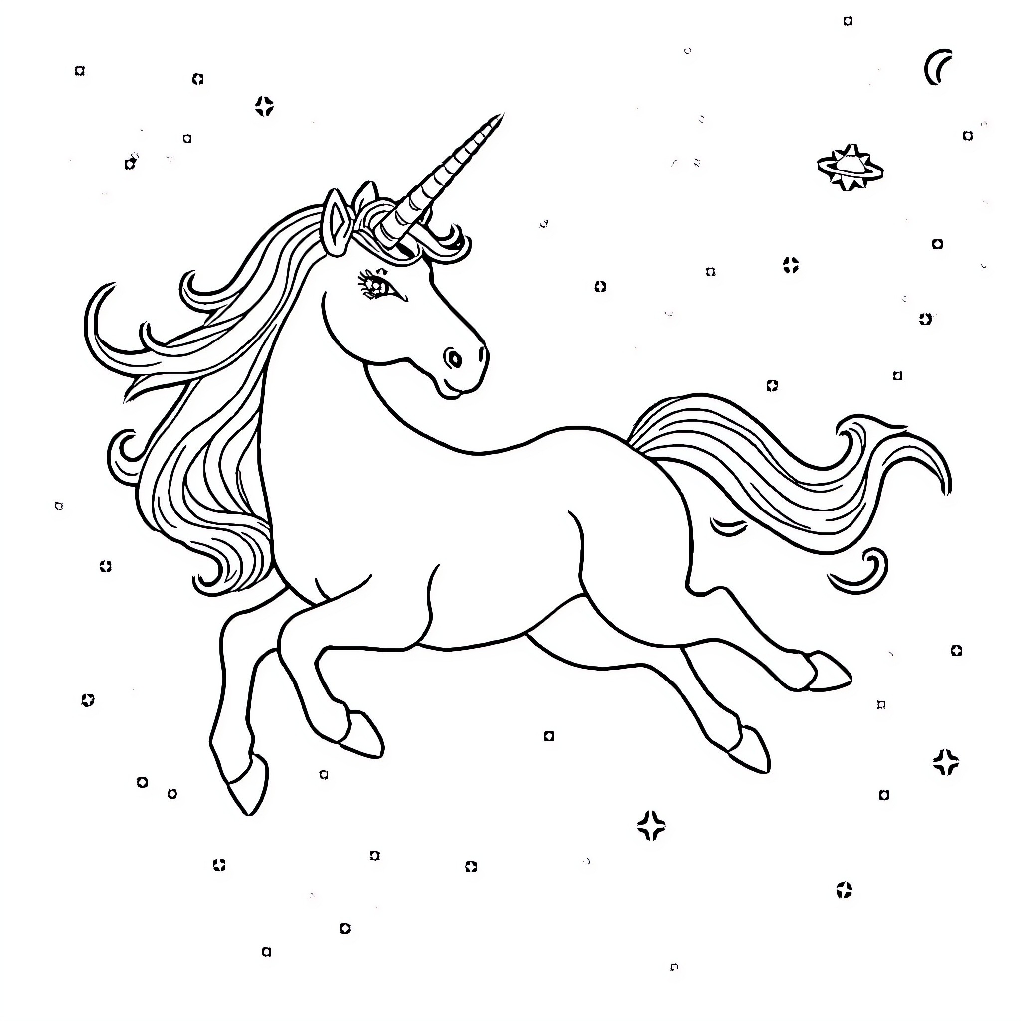 Unicorn galloping through a starry night sky Coloring Page (free black-and-white line drawing printable PDF for all, from beginners to advanced learners, including children, teens, adults, and seniors)