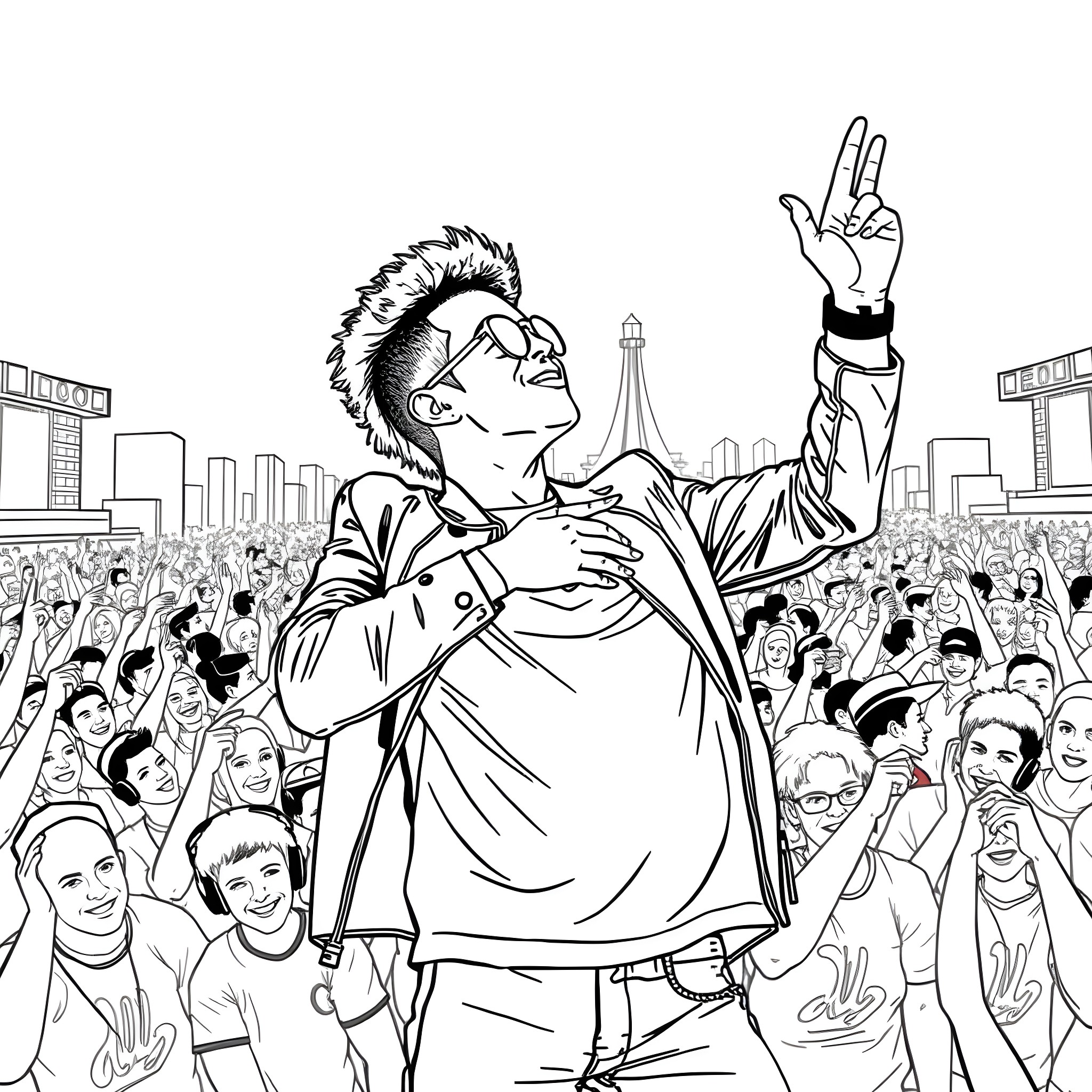 Bruno Mars performing energetically on stage with crowd Coloring Page (free black-and-white line drawing printable PDF for all, from beginners to advanced learners, including children, teens, adults, and seniors)