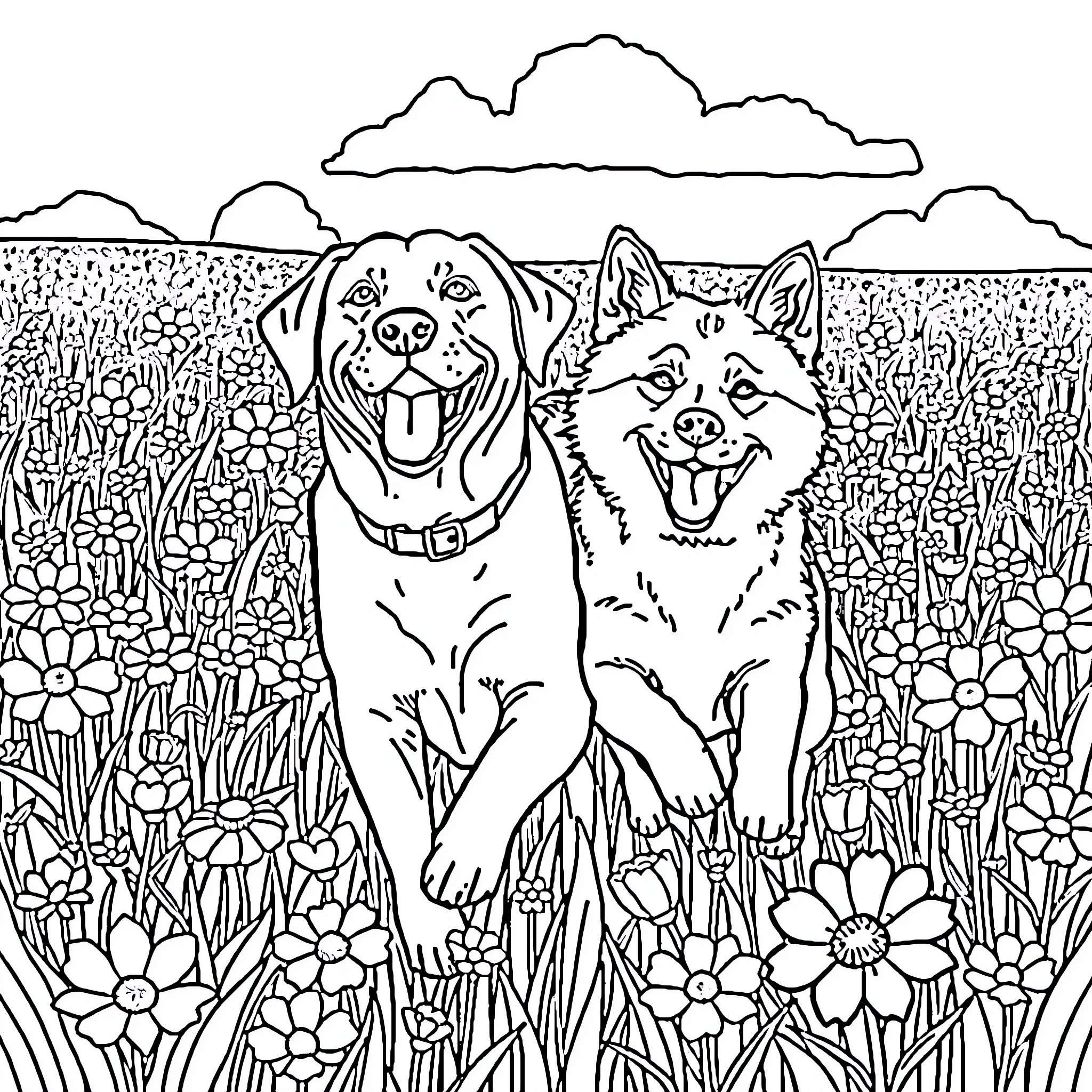 Dog friends playing in a flower field Coloring Page (free black-and-white line drawing printable PDF for all, from beginners to advanced learners, including children, teens, adults, and seniors)