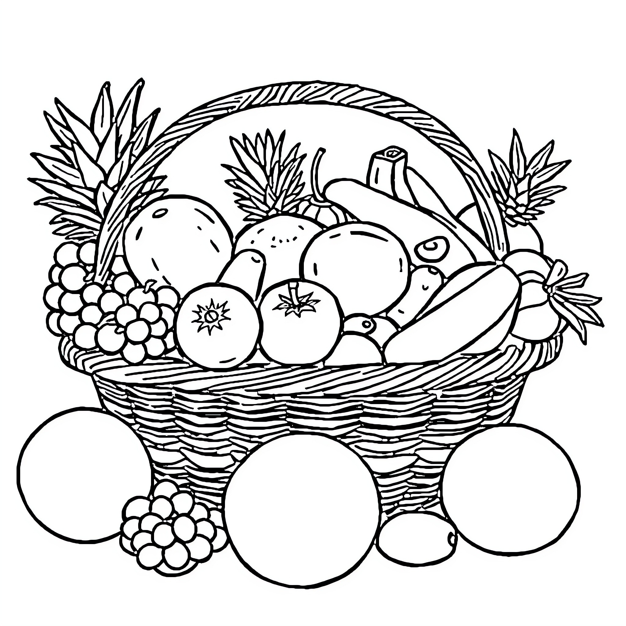 Fruit Basket with Assorted Produce Coloring Page (free black-and-white line drawing printable PDF for all, from beginners to advanced learners, including children, teens, adults, and seniors)