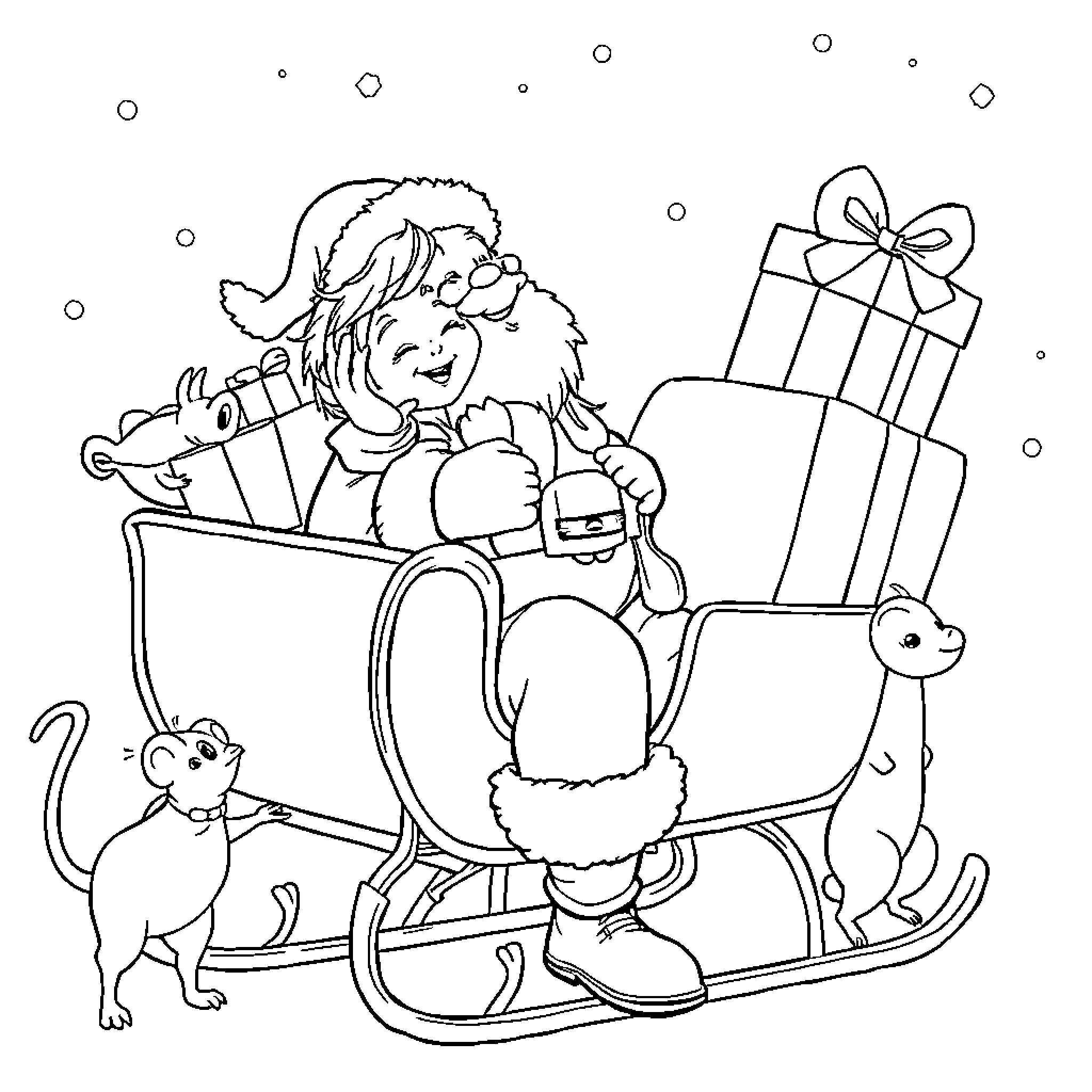Père Noël delivering gifts in a sleigh Coloring Page (free black-and-white line drawing printable PDF for all, from beginners to advanced learners, including children, teens, adults, and seniors)