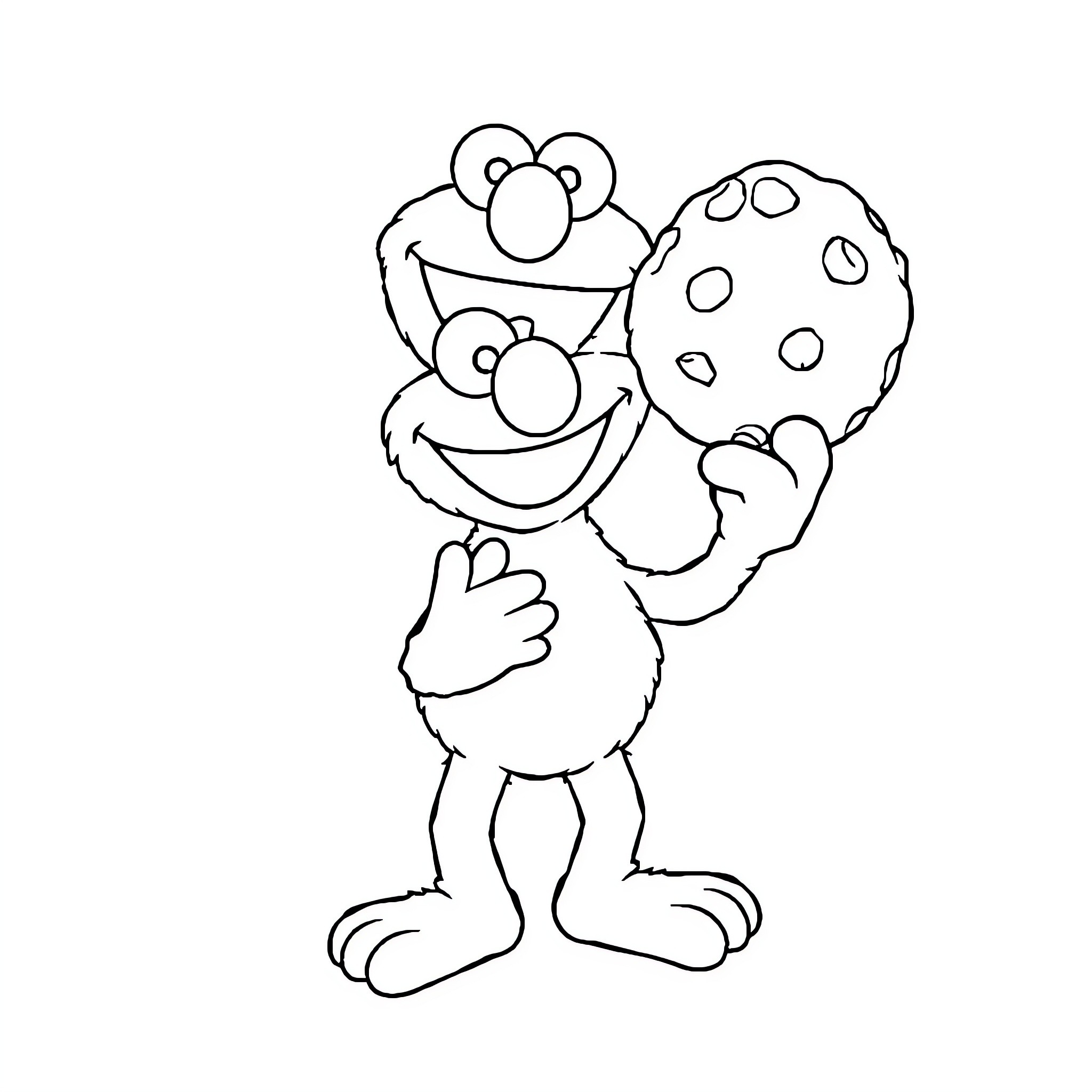 Elmo holding a polka dot ball and smiling Coloring Page (free black-and-white line drawing printable PDF for all, from beginners to advanced learners, including children, teens, adults, and seniors)