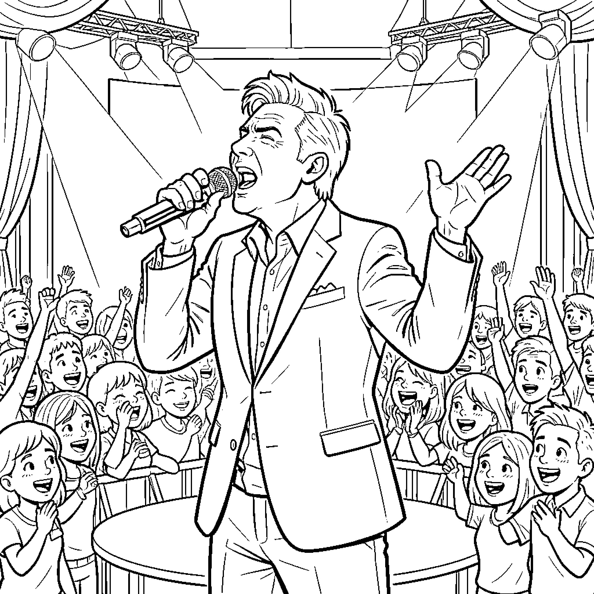 Gary Barlow Performing on Stage with Adoring Crowd Coloring Page (free black-and-white line drawing printable PDF for all, from beginners to advanced learners, including children, teens, adults, and seniors)