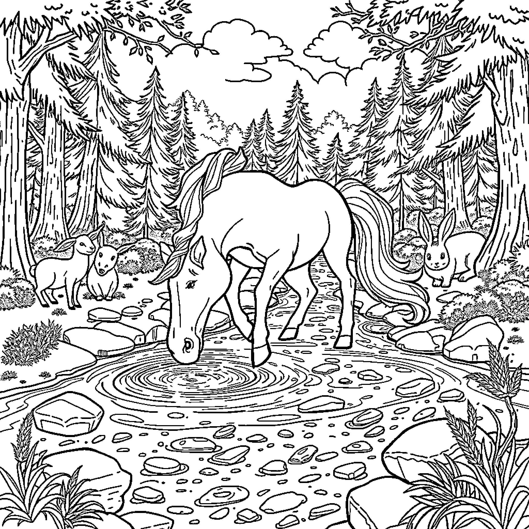 Unicorn gazing at the serene forest landscape Coloring Page (free black-and-white line drawing printable PDF for all, from beginners to advanced learners, including children, teens, adults, and seniors)