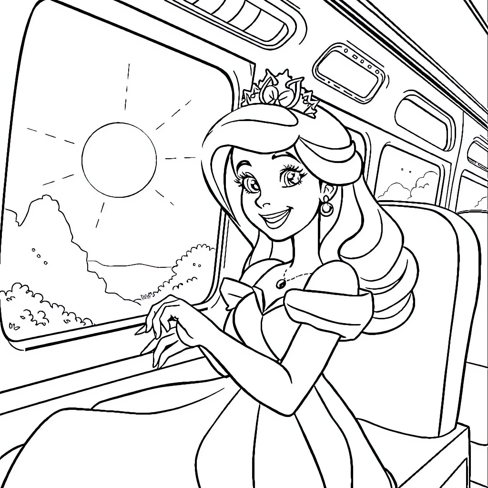 Disney Princess enjoying a car ride through the countryside Coloring Page (free black-and-white line drawing printable PDF for all, from beginners to advanced learners, including children, teens, adults, and seniors)