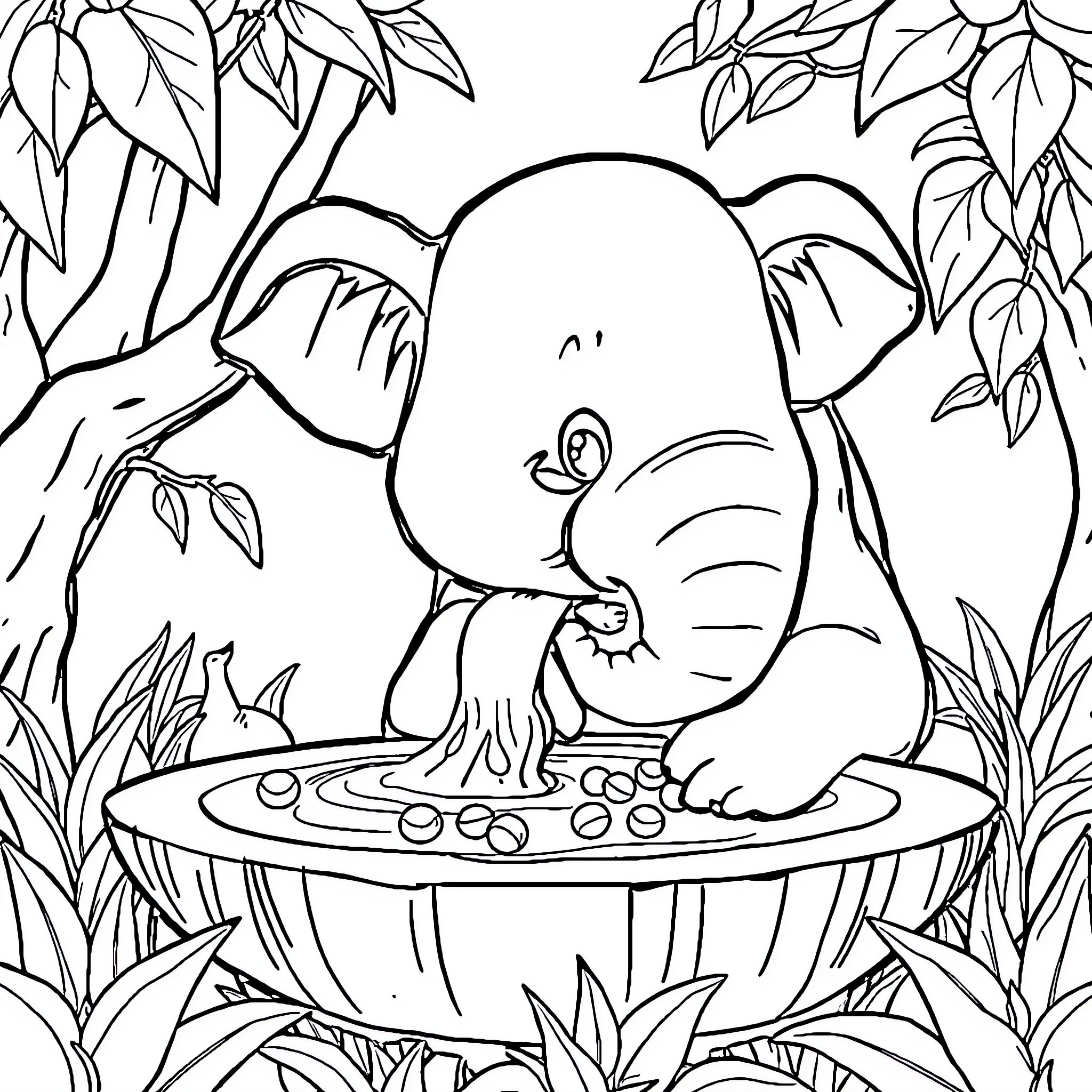 Elephant enjoying a bath in the forest Coloring Page (free black-and-white line drawing printable PDF for all, from beginners to advanced learners, including children, teens, adults, and seniors)