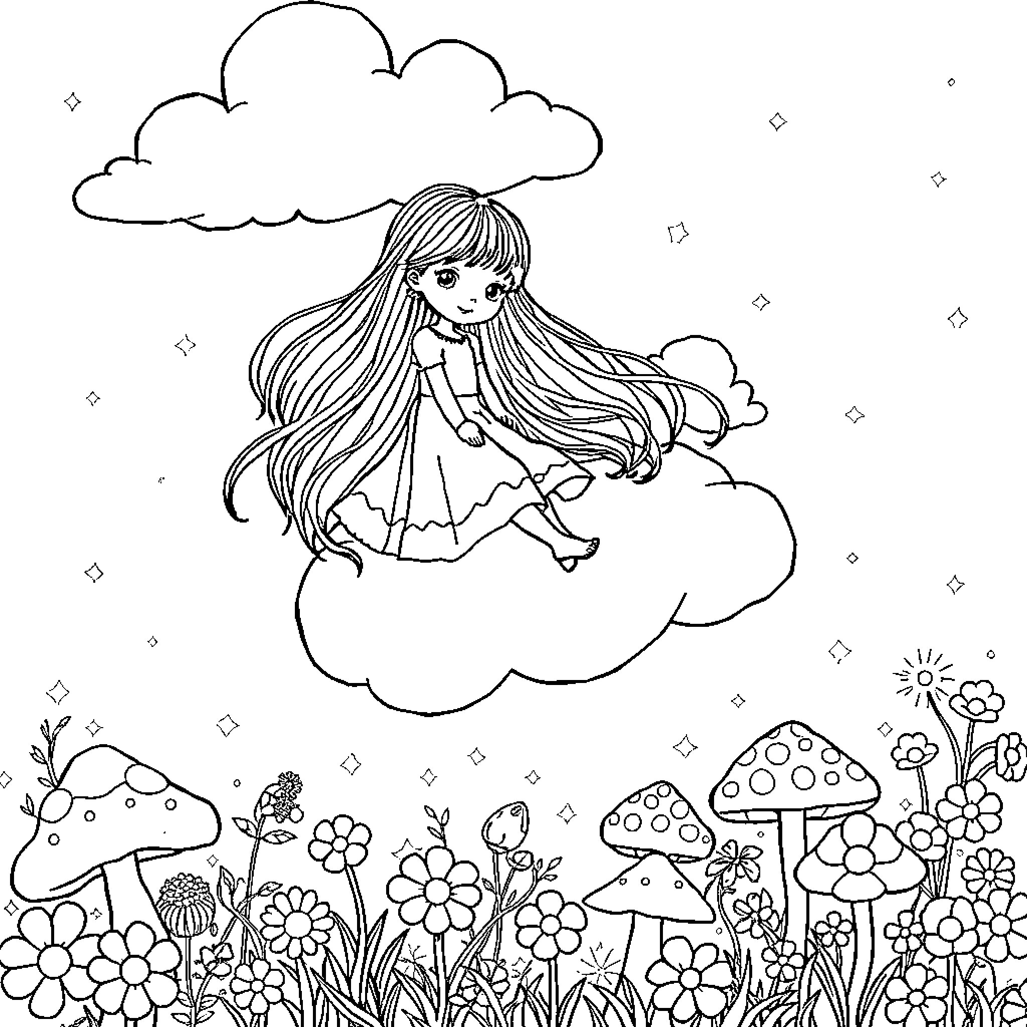 Girl in a Whimsical Cloud Dreamscape Coloring Page (free black-and-white line drawing printable PDF for all, from beginners to advanced learners, including children, teens, adults, and seniors)