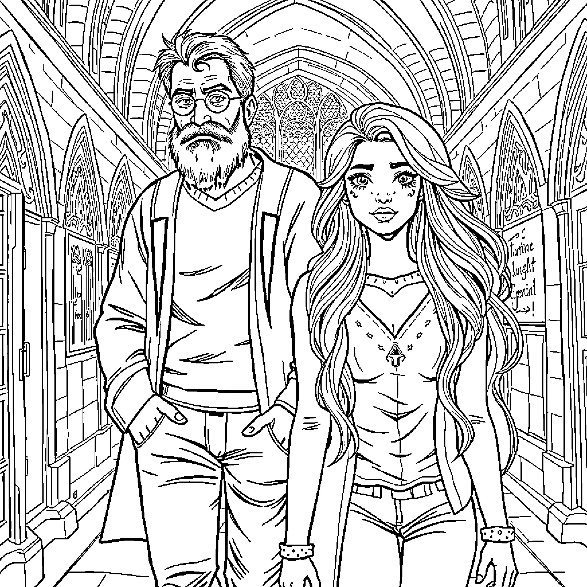 Man and woman explore mysterious gothic architecture Coloring Page (free black-and-white line drawing printable PDF for all, from beginners to advanced learners, including children, teens, adults, and seniors)