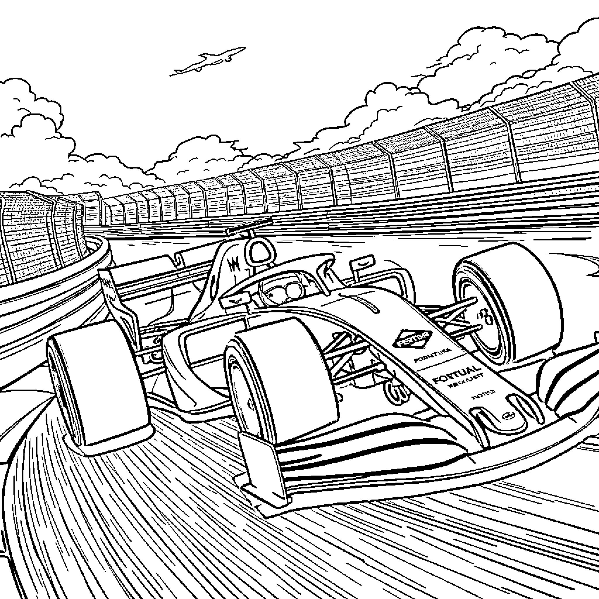 Formula 1 Car Racing on the Circuit Track Coloring Page (free black-and-white line drawing printable PDF for all, from beginners to advanced learners, including children, teens, adults, and seniors)