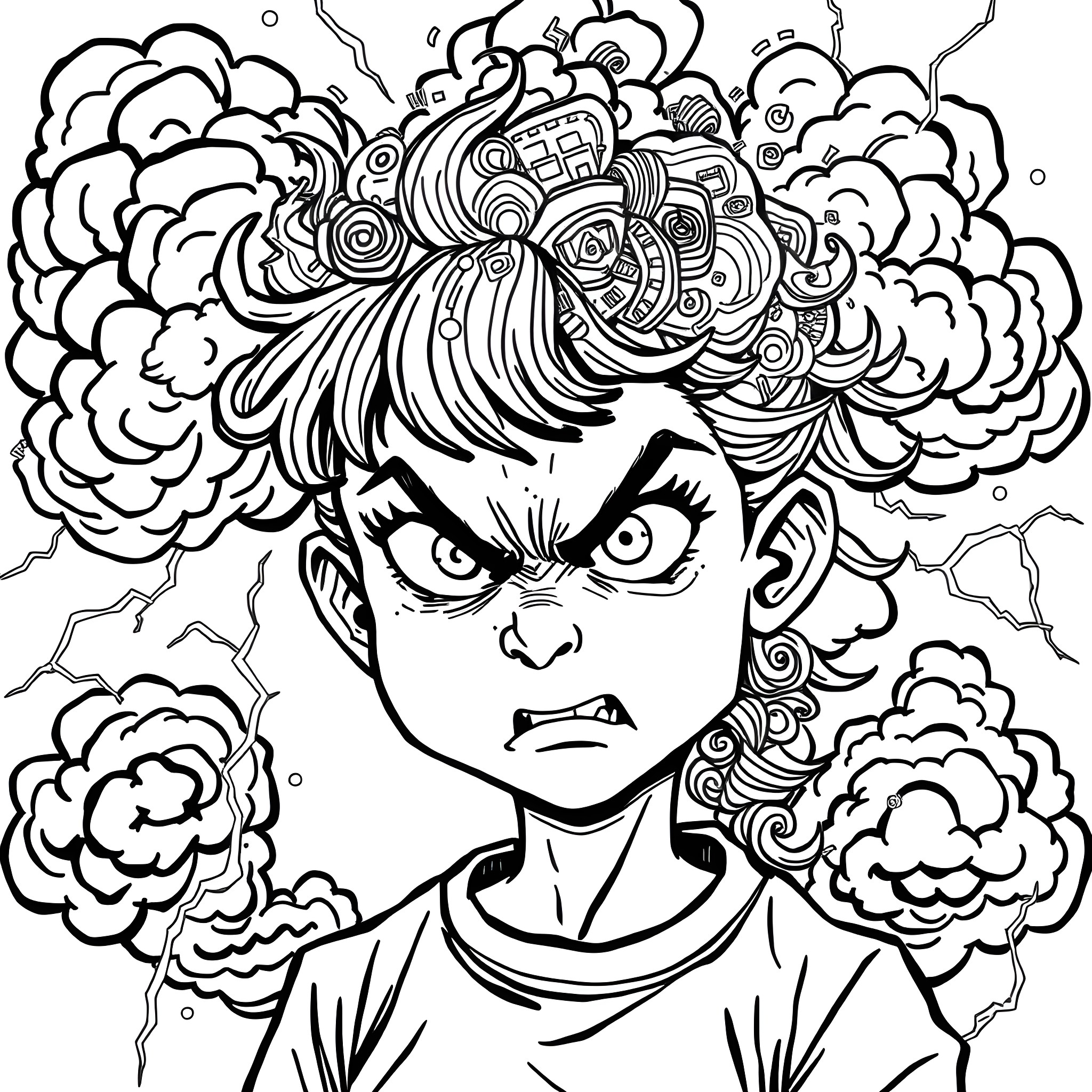 Girl with Expressive Facial Features and Playful Cloud Illustration Coloring Page (free black-and-white line drawing printable PDF for all, from beginners to advanced learners, including children, teens, adults, and seniors)