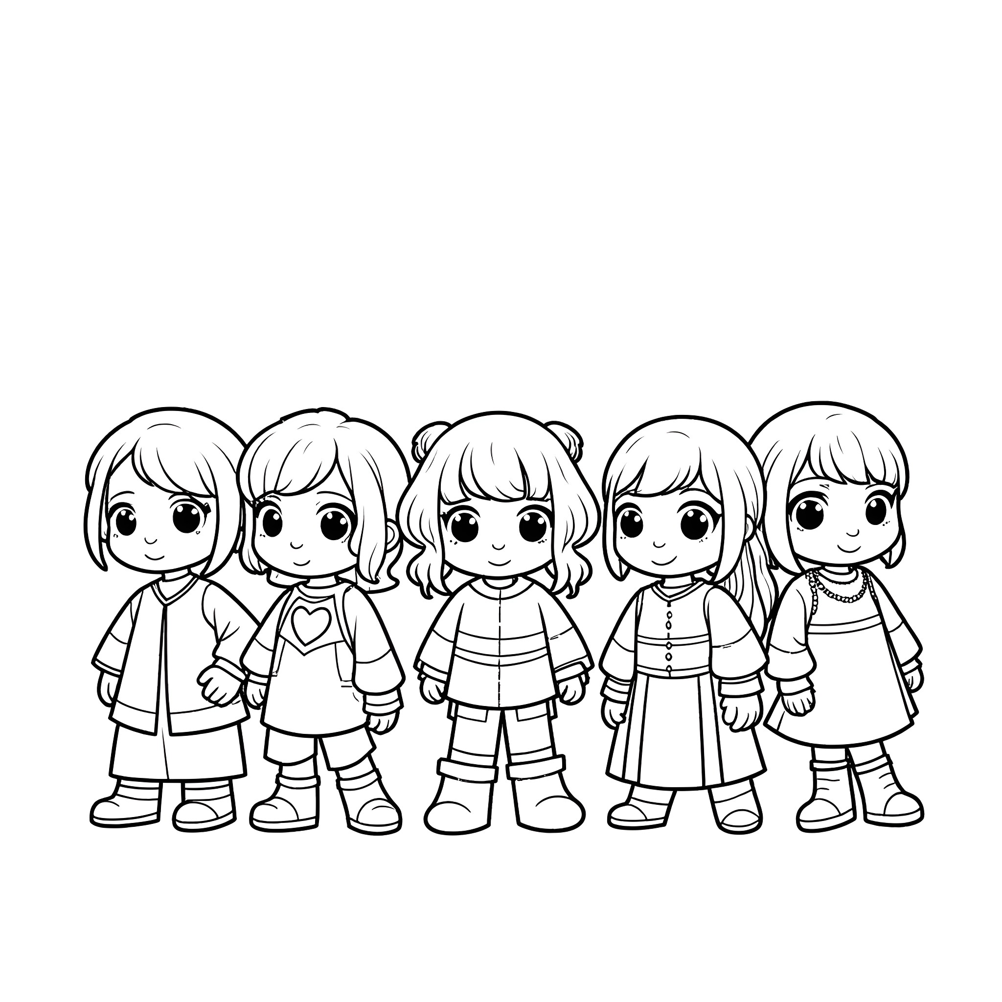 Dragon Cartoon Characters in Casual Outfits Coloring Page (free black-and-white line drawing printable PDF for all, from beginners to advanced learners, including children, teens, adults, and seniors)