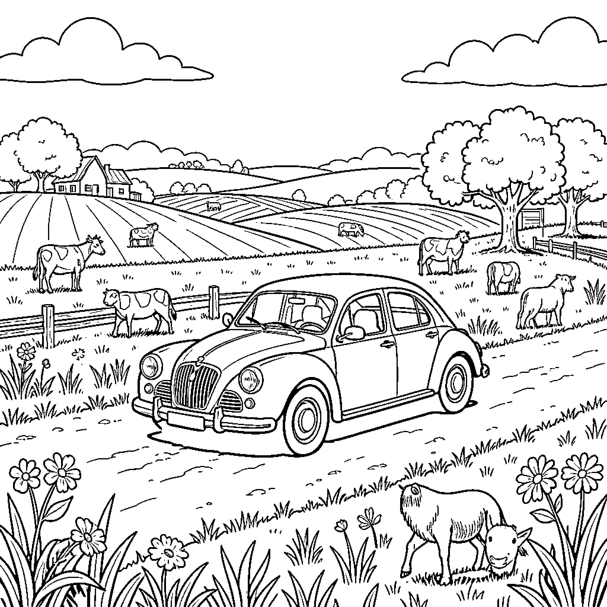 Car driving through idyllic rural landscape Coloring Page (free black-and-white line drawing printable PDF for all, from beginners to advanced learners, including children, teens, adults, and seniors)