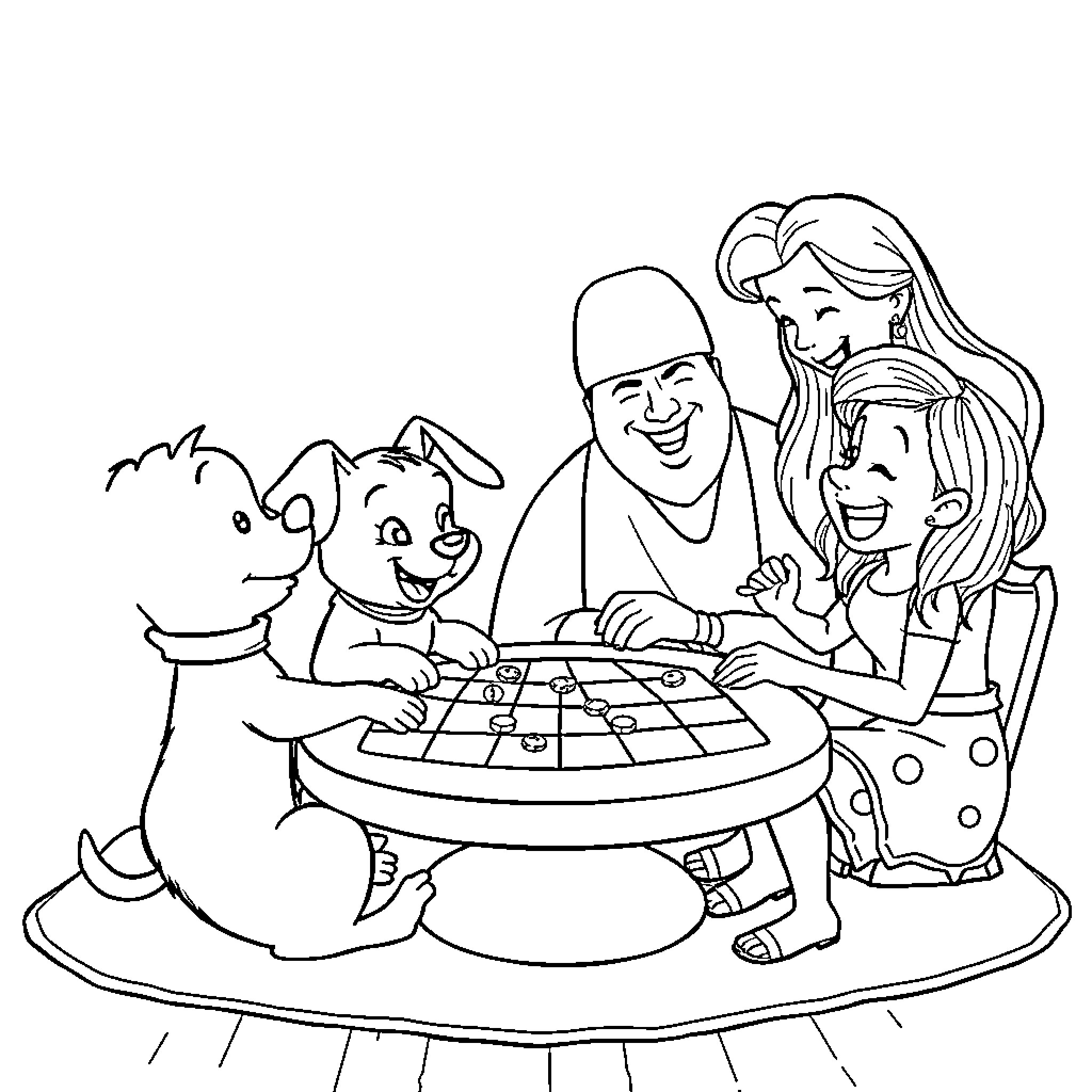 Bluey's family playing a board game together Coloring Page (free black-and-white line drawing printable PDF for all, from beginners to advanced learners, including children, teens, adults, and seniors)