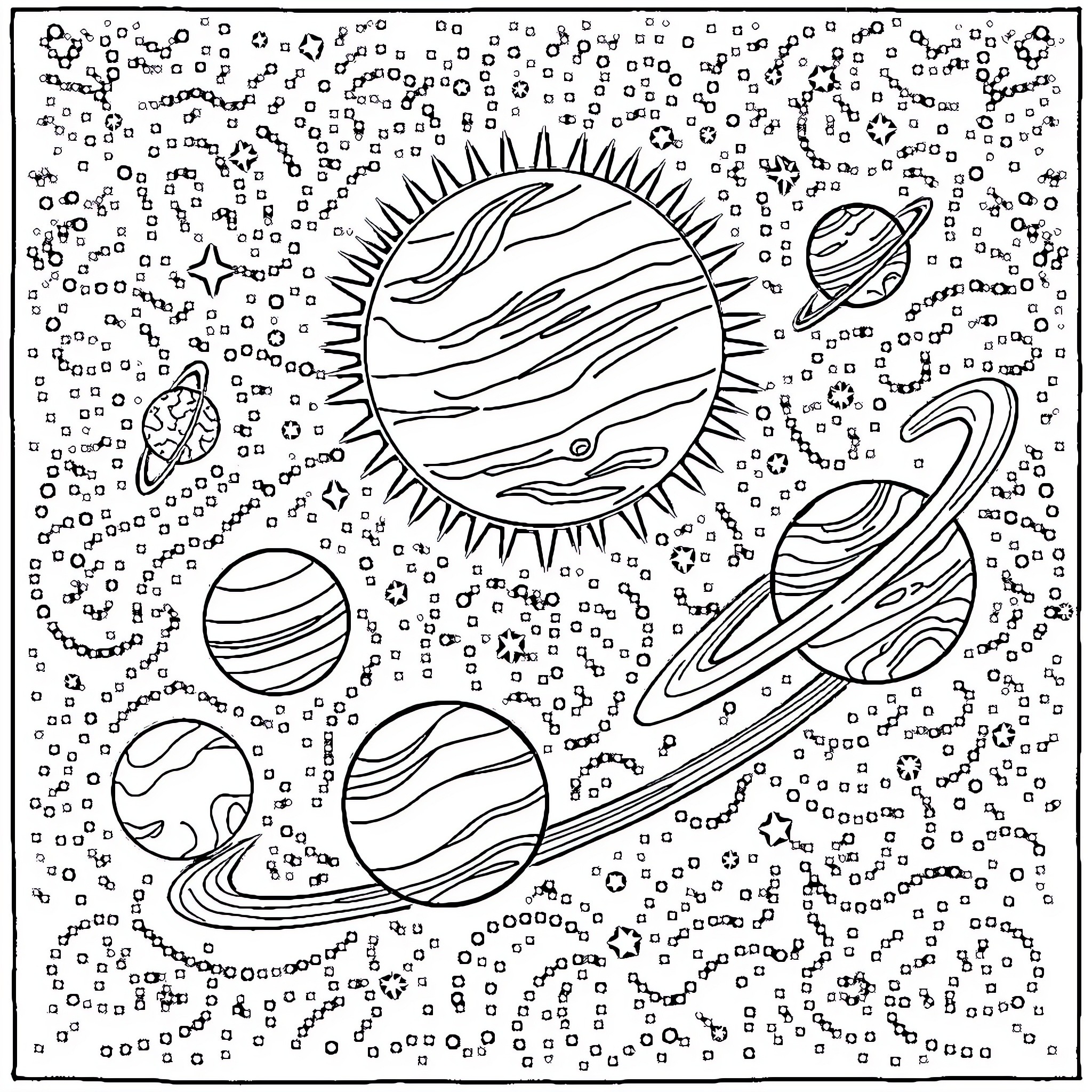Solar System Planets Celestial Illustration Coloring Page (free black-and-white line drawing printable PDF for all, from beginners to advanced learners, including children, teens, adults, and seniors)