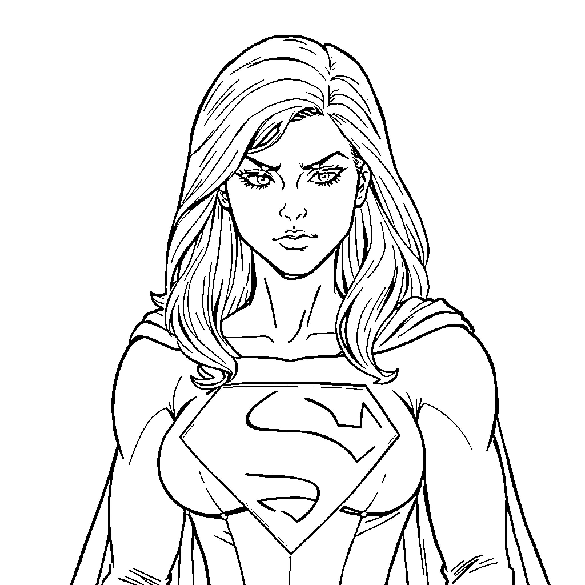 Supergirl ready for action with determined expression Coloring Page (free black-and-white line drawing printable PDF for all, from beginners to advanced learners, including children, teens, adults, and seniors)