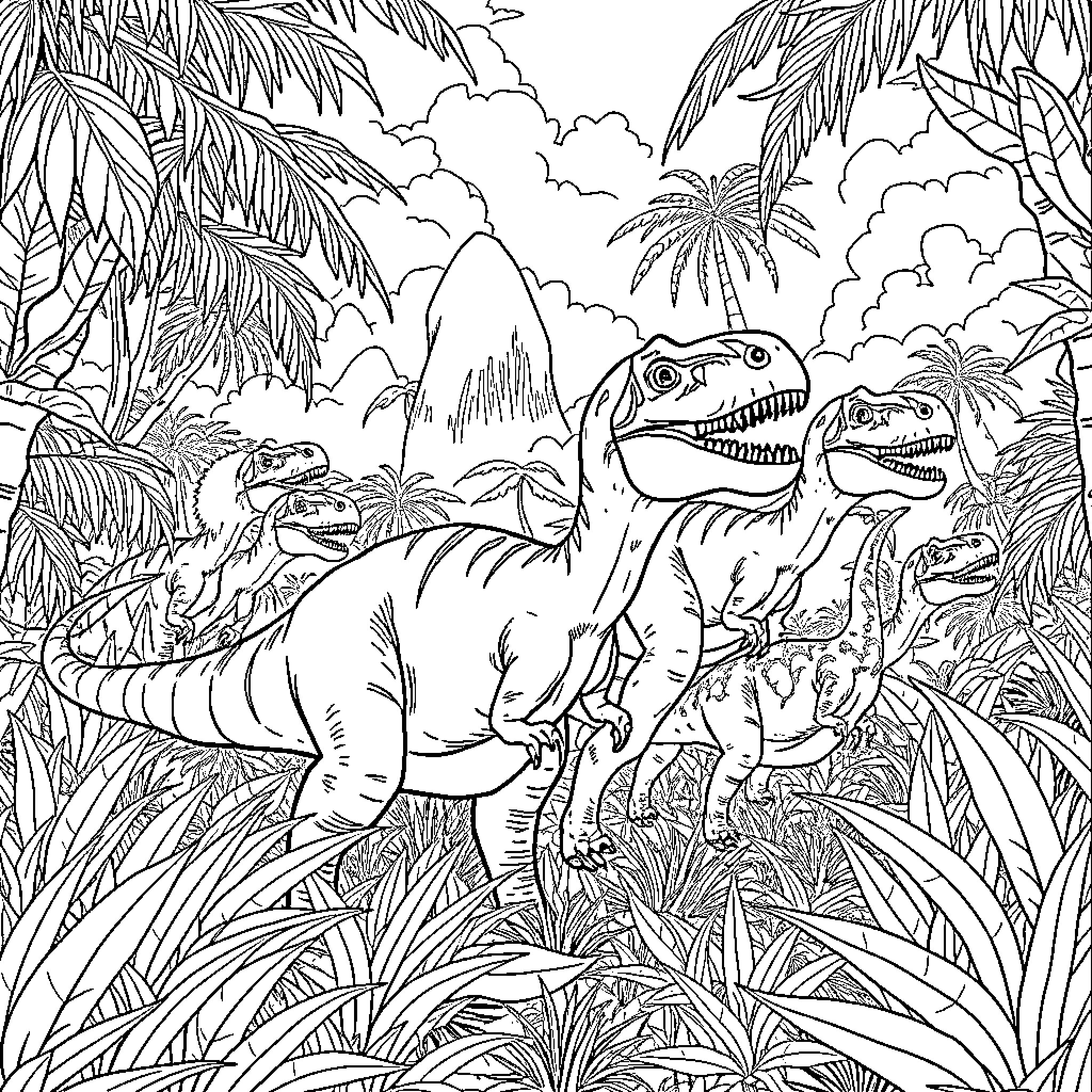 Dinosaurs exploring the prehistoric jungle landscape Coloring Page (free black-and-white line drawing printable PDF for all, from beginners to advanced learners, including children, teens, adults, and seniors)