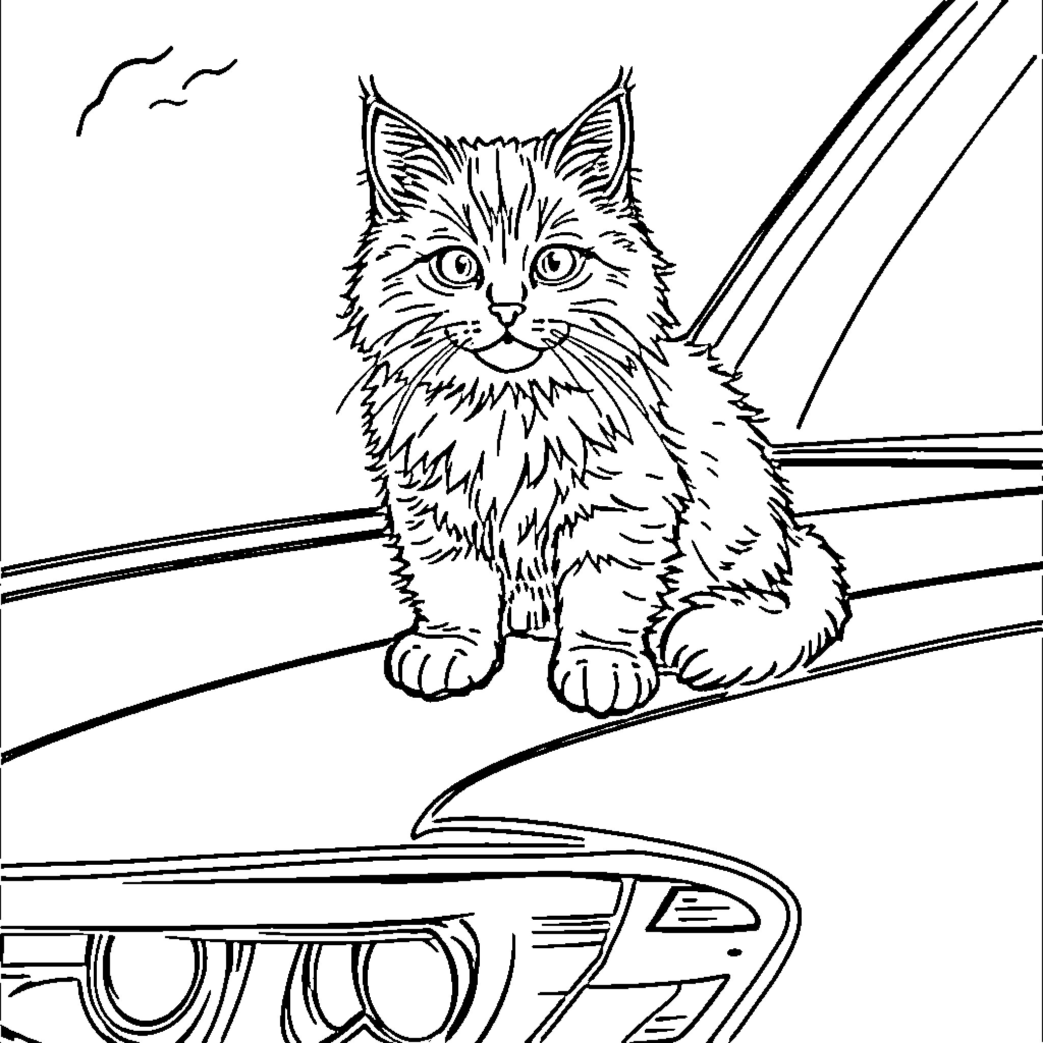 Cat relaxing on a car Coloring Page (free black-and-white line drawing printable PDF for all, from beginners to advanced learners, including children, teens, adults, and seniors)