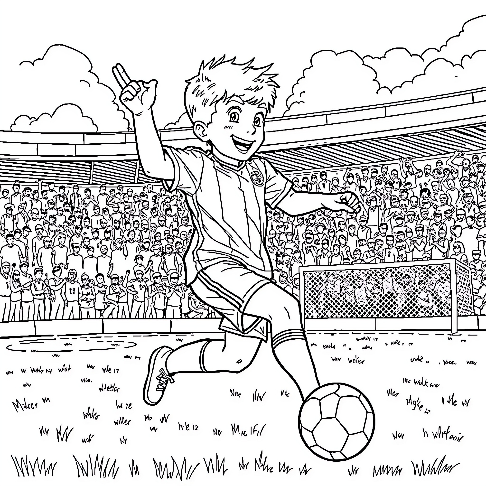 Footballer celebrating goal in front of cheering crowd Coloring Page (free black-and-white line drawing printable PDF for all, from beginners to advanced learners, including children, teens, adults, and seniors)
