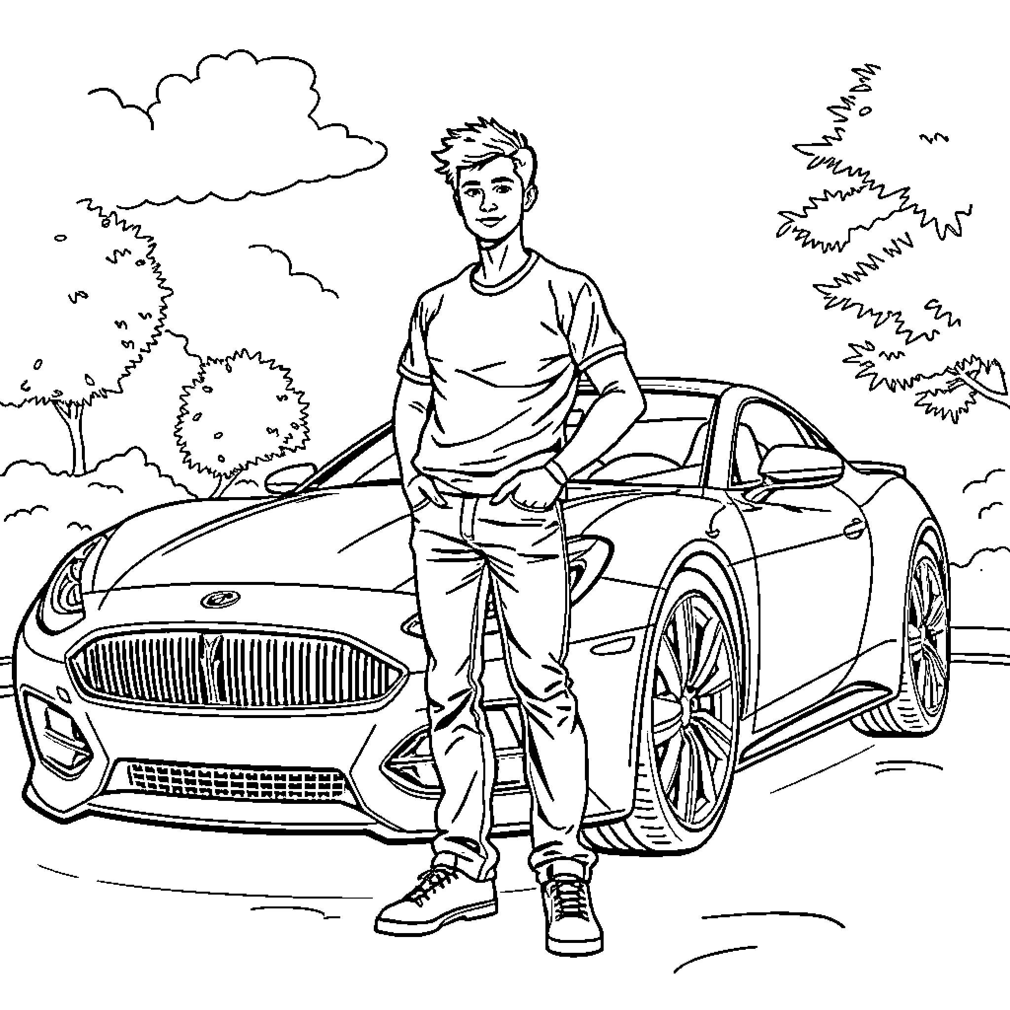 Car with a young man in casual attire Coloring Page (free black-and-white line drawing printable PDF for all, from beginners to advanced learners, including children, teens, adults, and seniors)