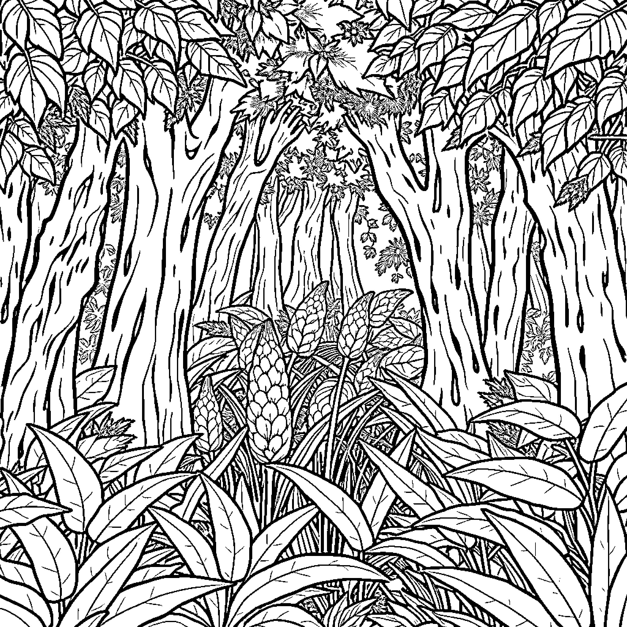 Mushroom forest scene with lush vegetation Coloring Page (free black-and-white line drawing printable PDF for all, from beginners to advanced learners, including children, teens, adults, and seniors)