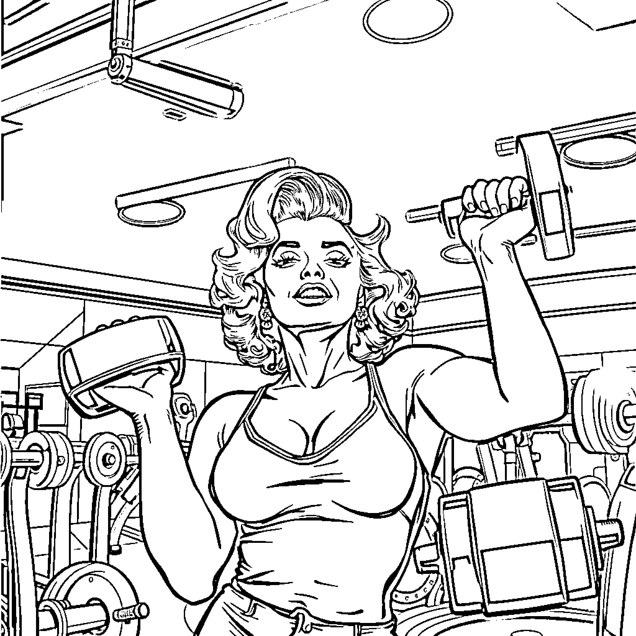 Marilyn Monroe working confidently in a workshop Coloring Page (free black-and-white line drawing printable PDF for all, from beginners to advanced learners, including children, teens, adults, and seniors)