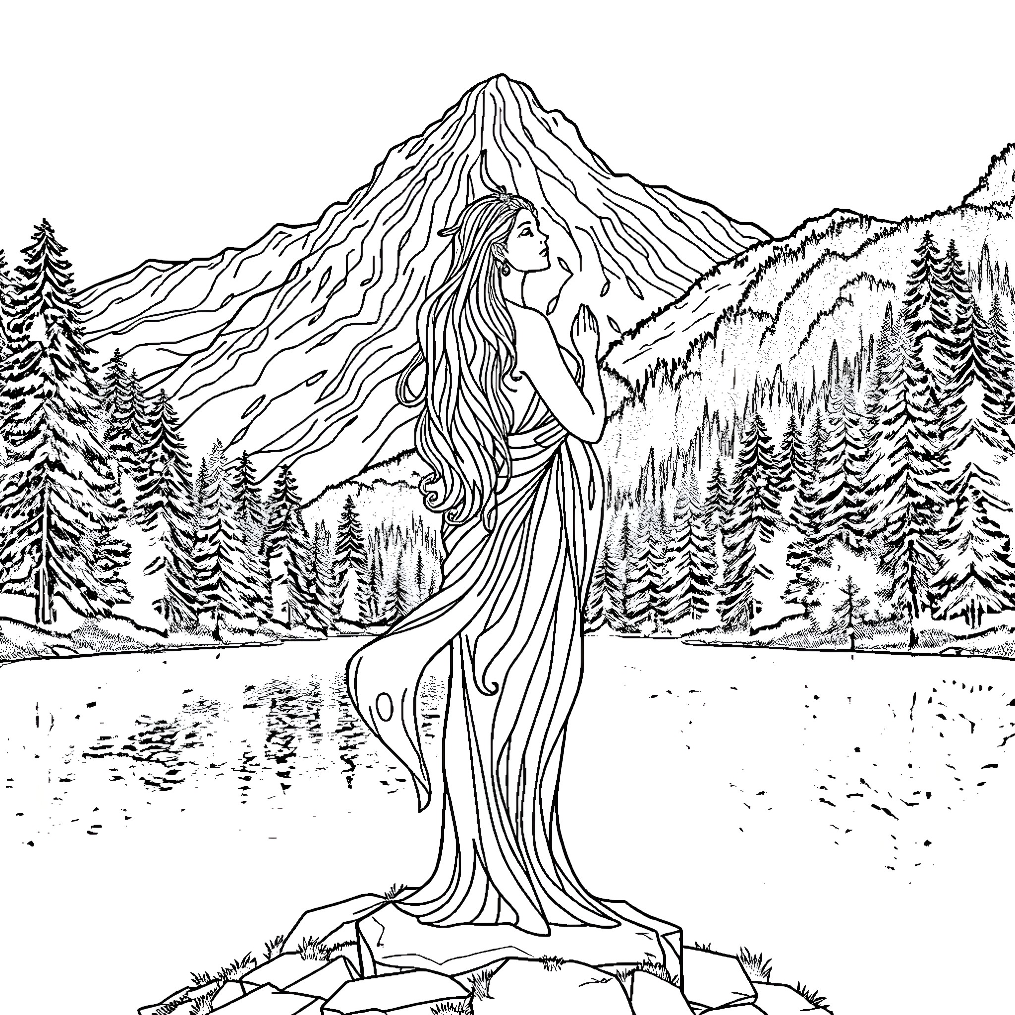 Goddess of the Majestic Mountains Coloring Page (free black-and-white line drawing printable PDF for all, from beginners to advanced learners, including children, teens, adults, and seniors)