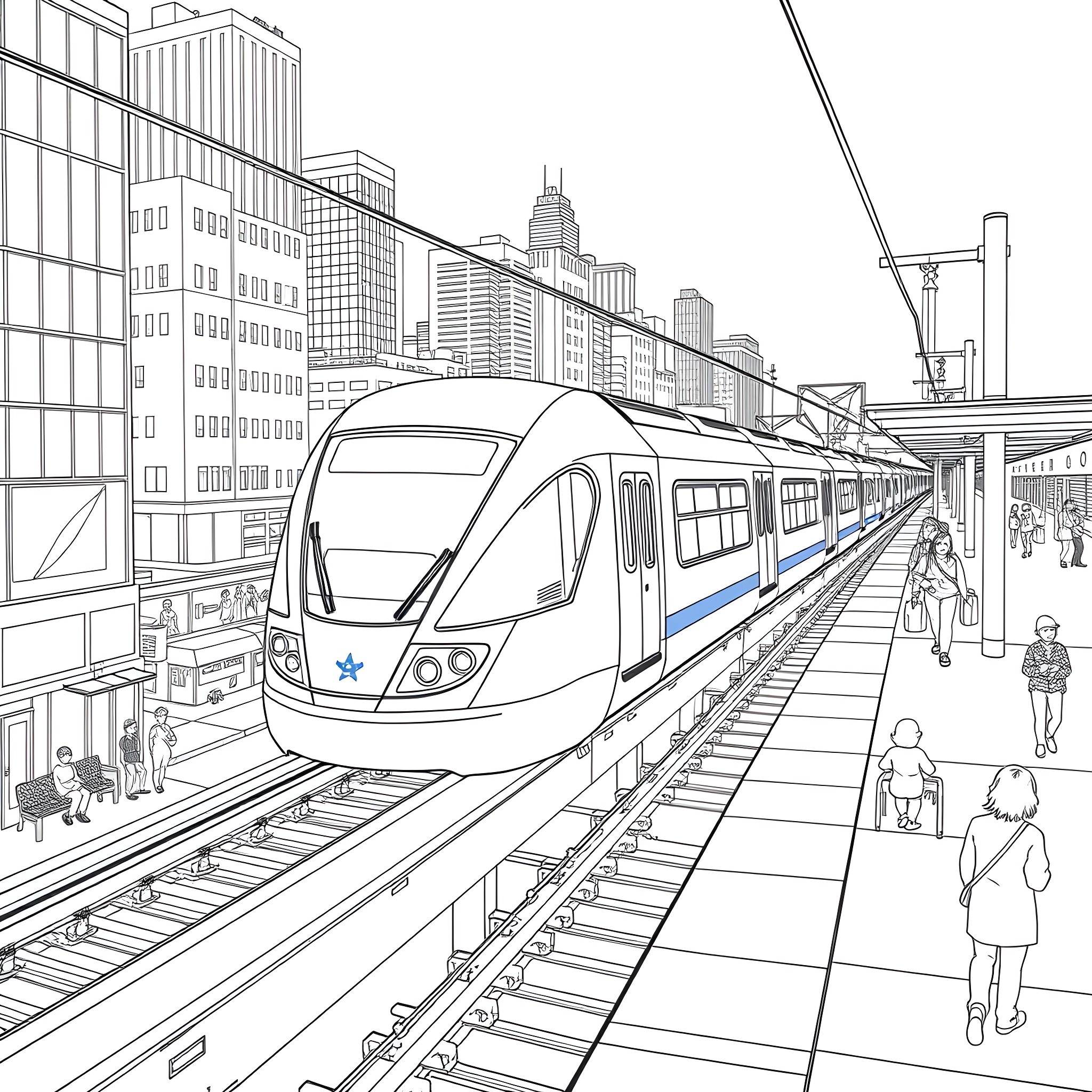 Train Transporting Passengers in Urban Cityscape Coloring Page (free black-and-white line drawing printable PDF for all, from beginners to advanced learners, including children, teens, adults, and seniors)