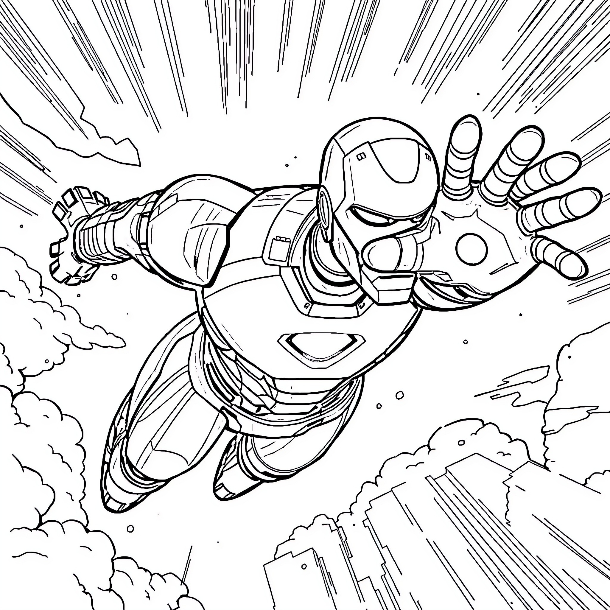 Ironman soaring through the sky in action-packed scene Coloring Page (free black-and-white line drawing printable PDF for all, from beginners to advanced learners, including children, teens, adults, and seniors)