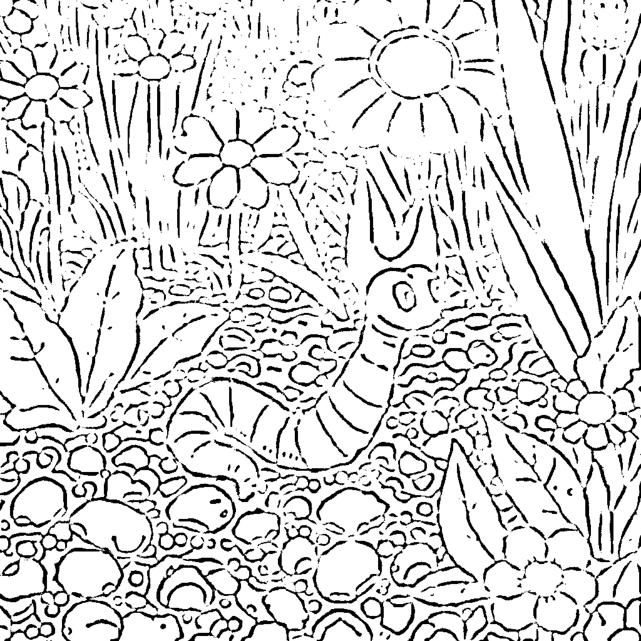 Worm exploring a whimsical floral landscape Coloring Page (free black-and-white line drawing printable PDF for all, from beginners to advanced learners, including children, teens, adults, and seniors)