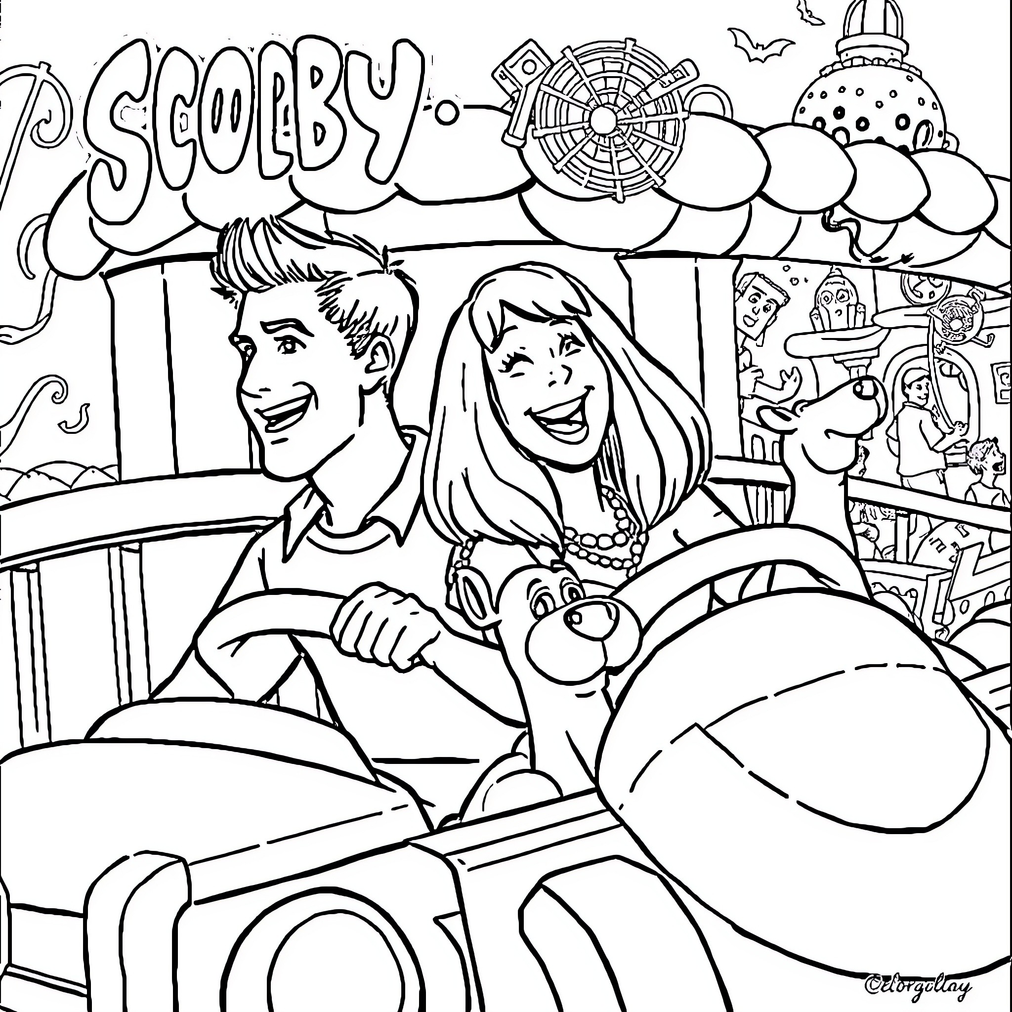 Scooby Doo Enjoying a Ride with Friends Coloring Page (free black-and-white line drawing printable PDF for all, from beginners to advanced learners, including children, teens, adults, and seniors)
