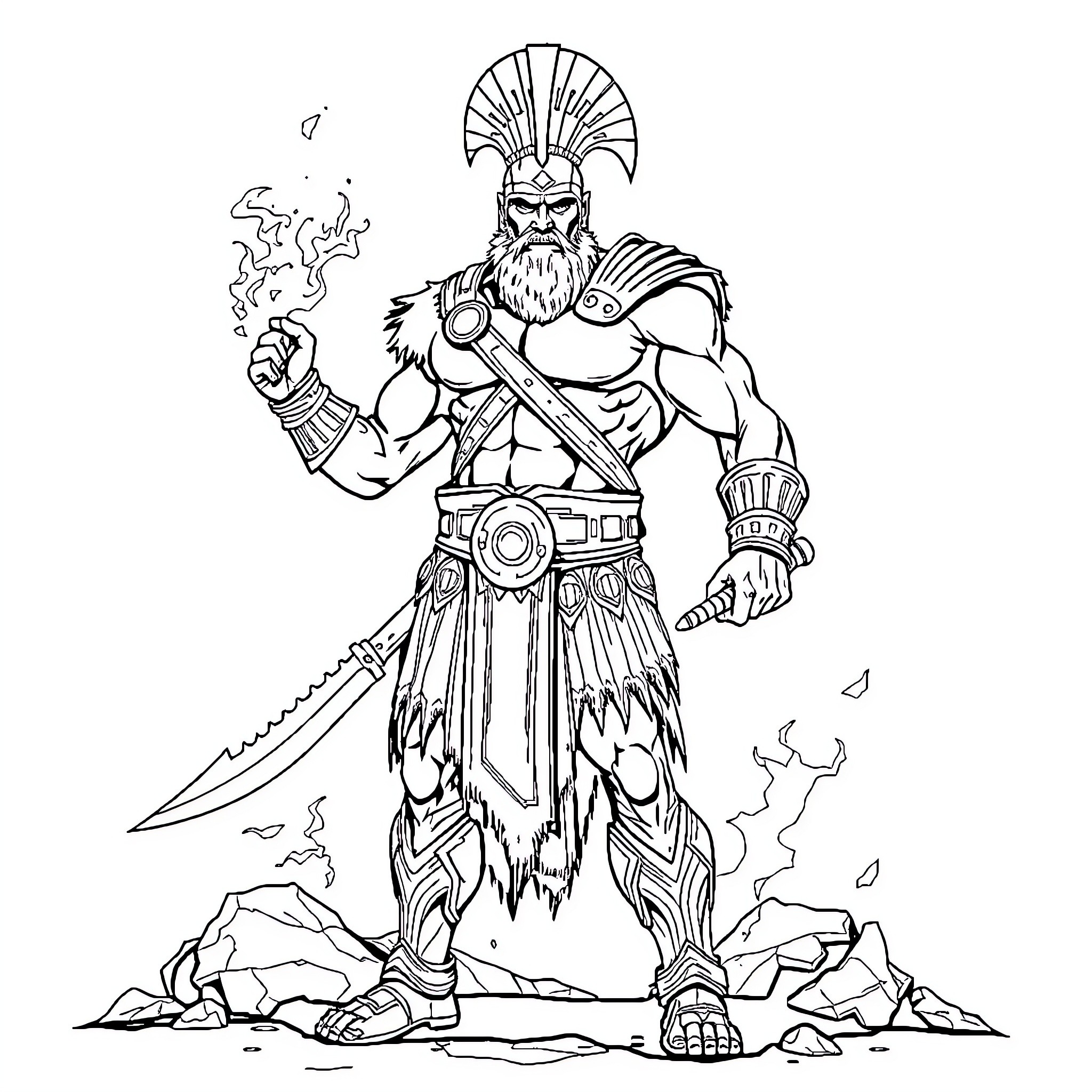 Kratos, the Spartan Warrior in Action Coloring Page (free black-and-white line drawing printable PDF for all, from beginners to advanced learners, including children, teens, adults, and seniors)
