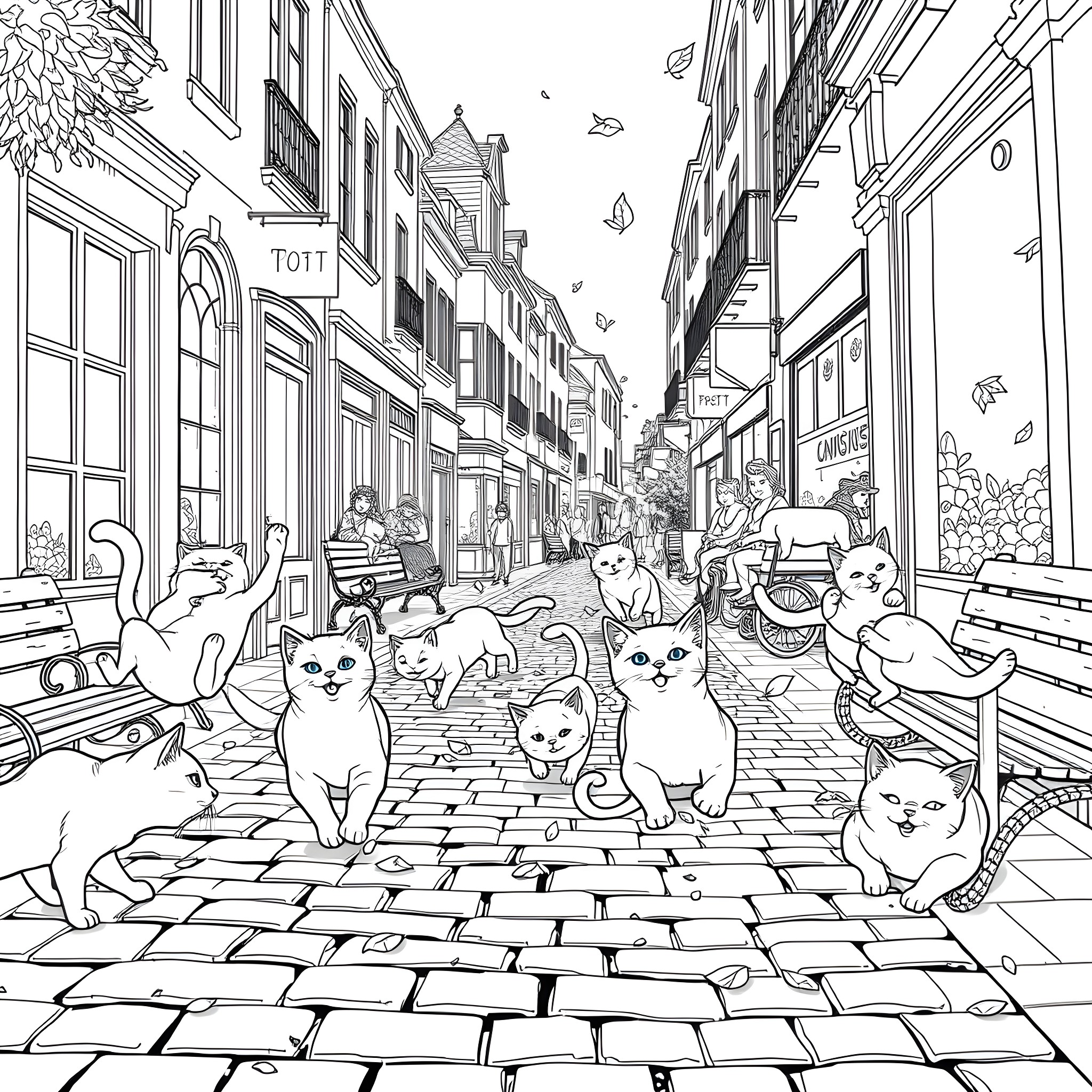 Cat gathering in a lively city street Coloring Page (free black-and-white line drawing printable PDF for all, from beginners to advanced learners, including children, teens, adults, and seniors)