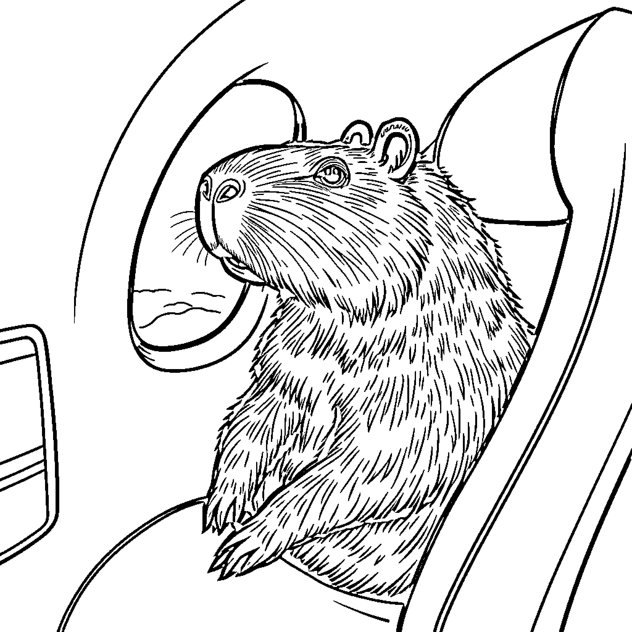 Capybara riding a boat on the river Coloring Page (free black-and-white line drawing printable PDF for all, from beginners to advanced learners, including children, teens, adults, and seniors)