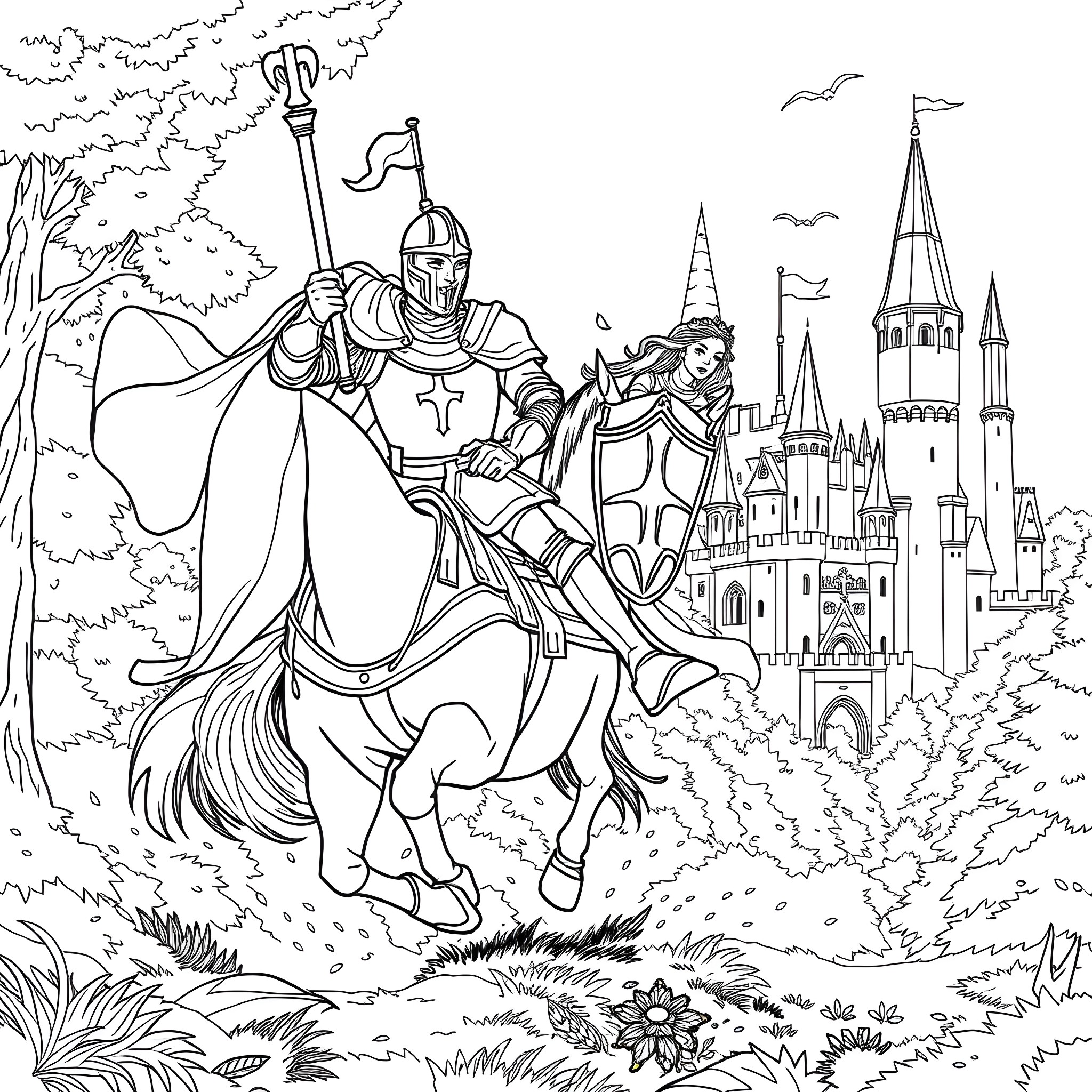 Knight in Shining Armor Rides Into the Castle Coloring Page (free black-and-white line drawing printable PDF for all, from beginners to advanced learners, including children, teens, adults, and seniors)
