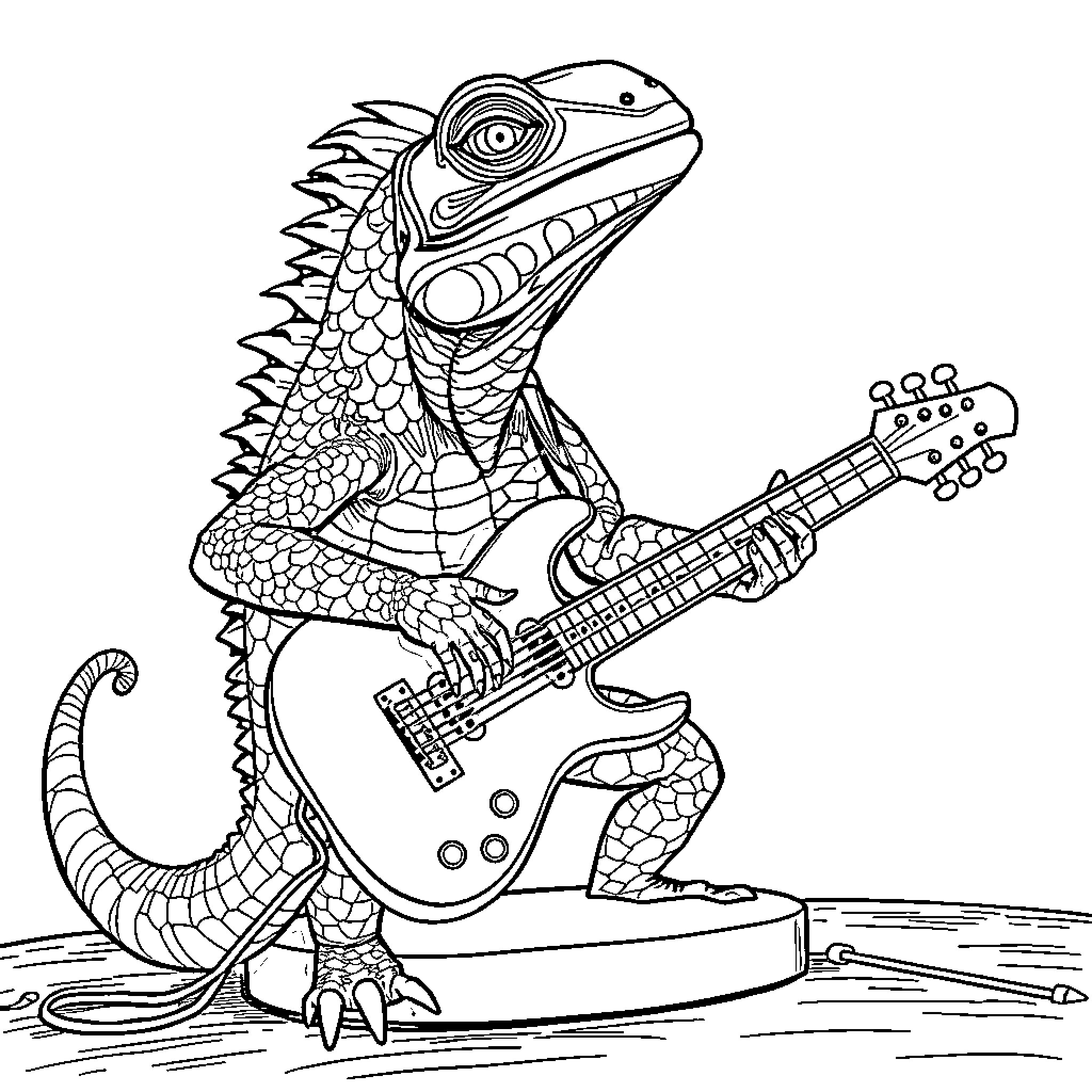 Iguana playing electric guitar in a landscape Coloring Page (free black-and-white line drawing printable PDF for all, from beginners to advanced learners, including children, teens, adults, and seniors)